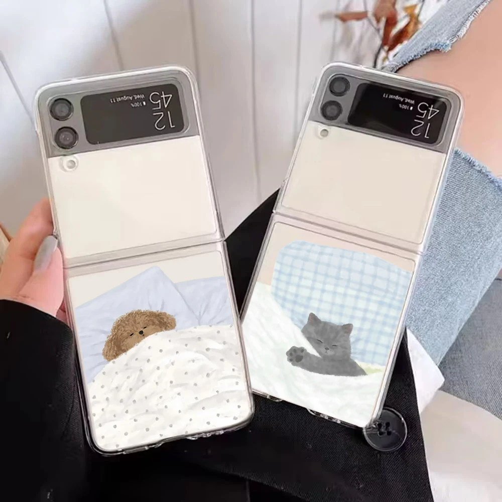 Cute Dog Cat Couple Clear Phone Case for Samsung Galaxy ZFlip 6 Z Flip 8 4 3 5 Hard Transparent Cover for Samsung ZFlip7 Shell