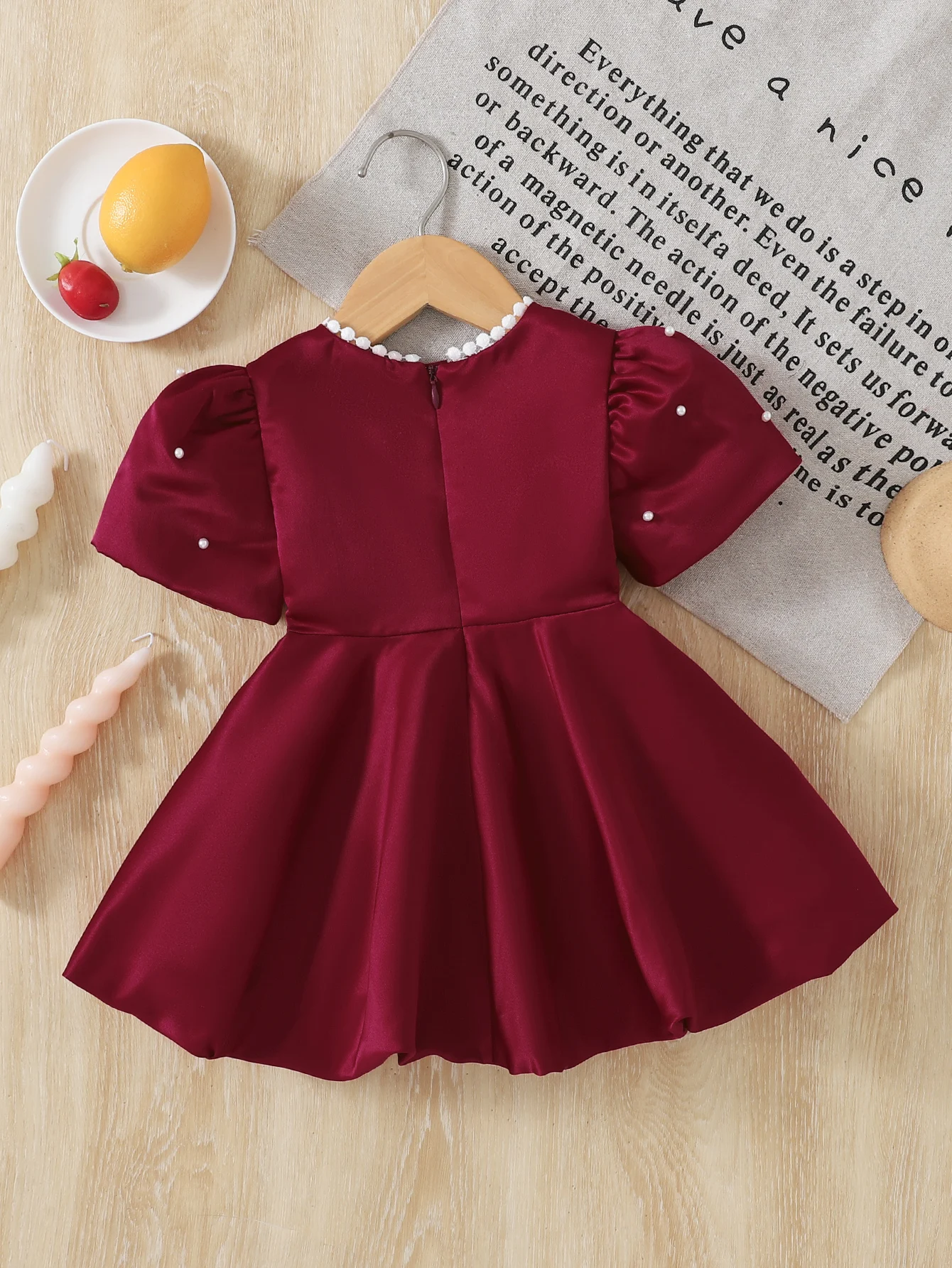 Baby Girl Birthday Dress Bubble Sleeves and Pearl Decal Wine Red Dress Suitable for 0-3 Year Old Daby Girls Party Princess Dress