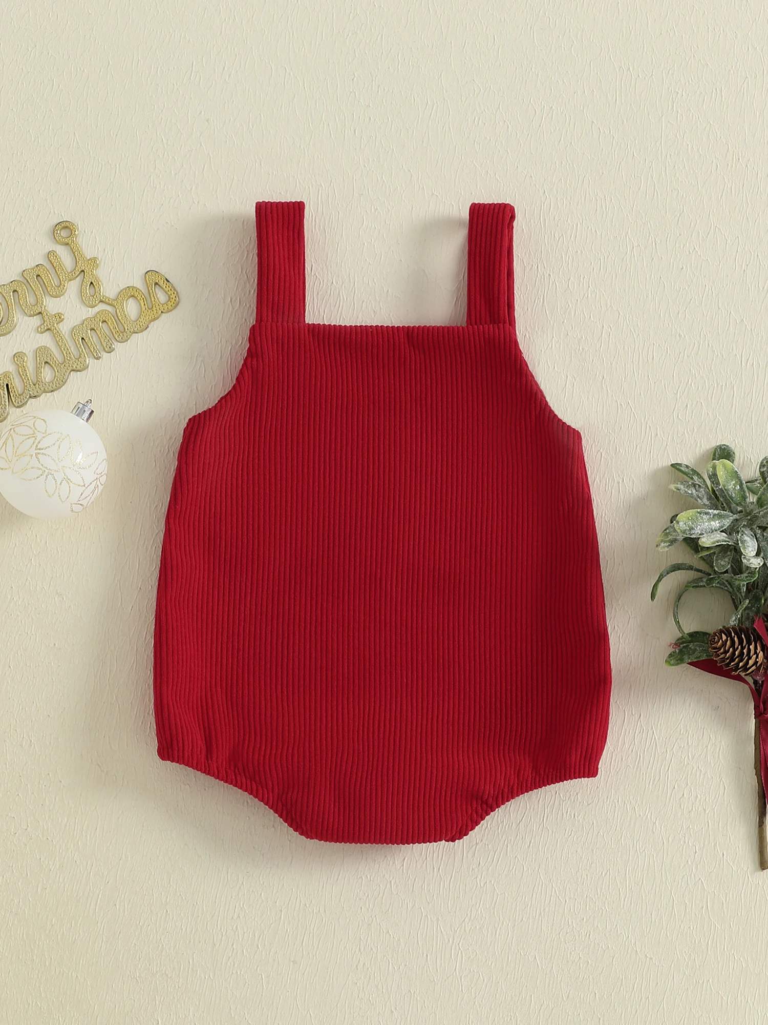 Tregren 0-18M Newborn Baby Christmas Romper Overalls Tree Letter Embroidery Sleeveless Corduroy Bodysuit Festival Infant Clothes
