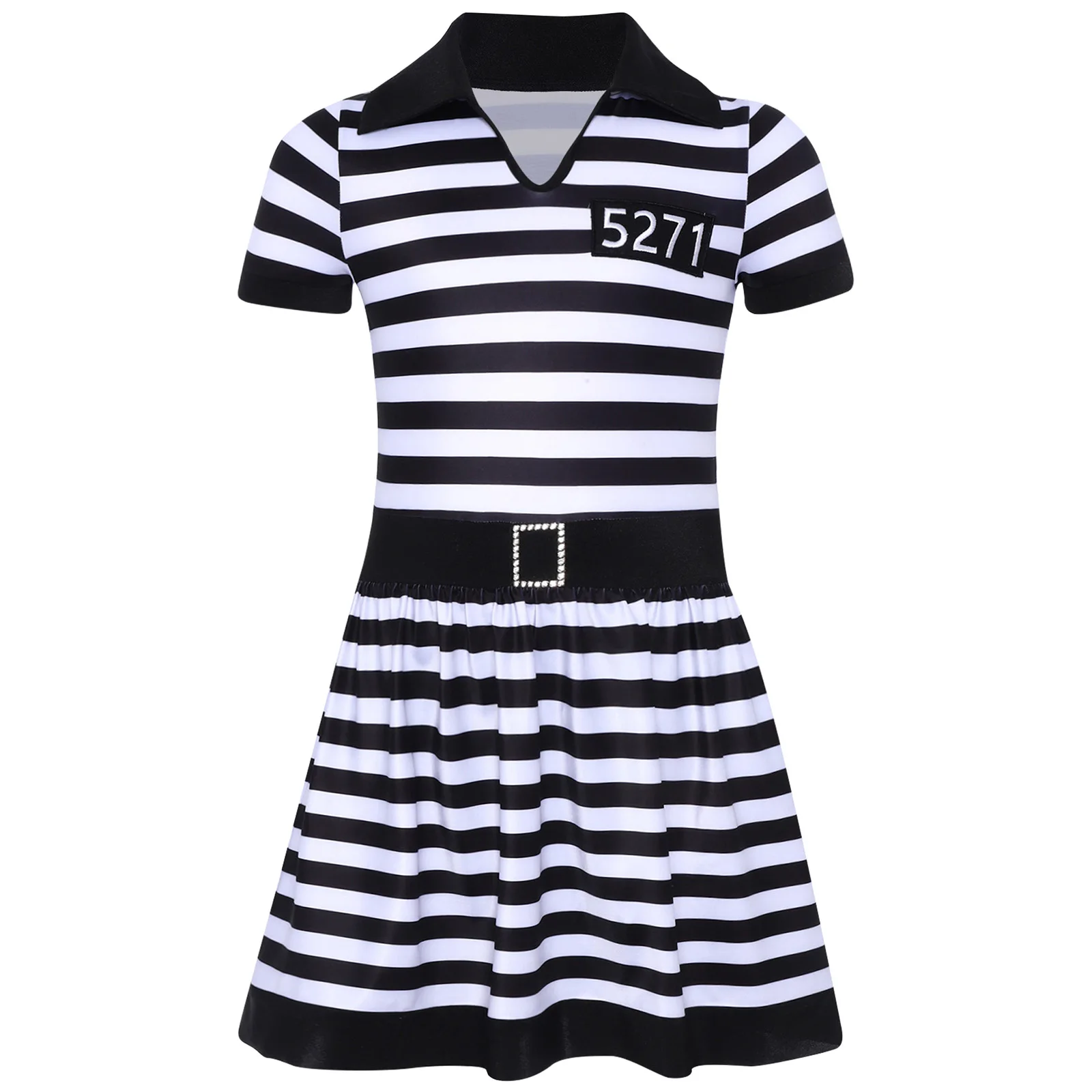 Kids Girls Prisoner Cosplay Costume Prison Jailbird Convict Uniform Long Sleeve Ruffled Striped Dress Halloween Party Dress Up