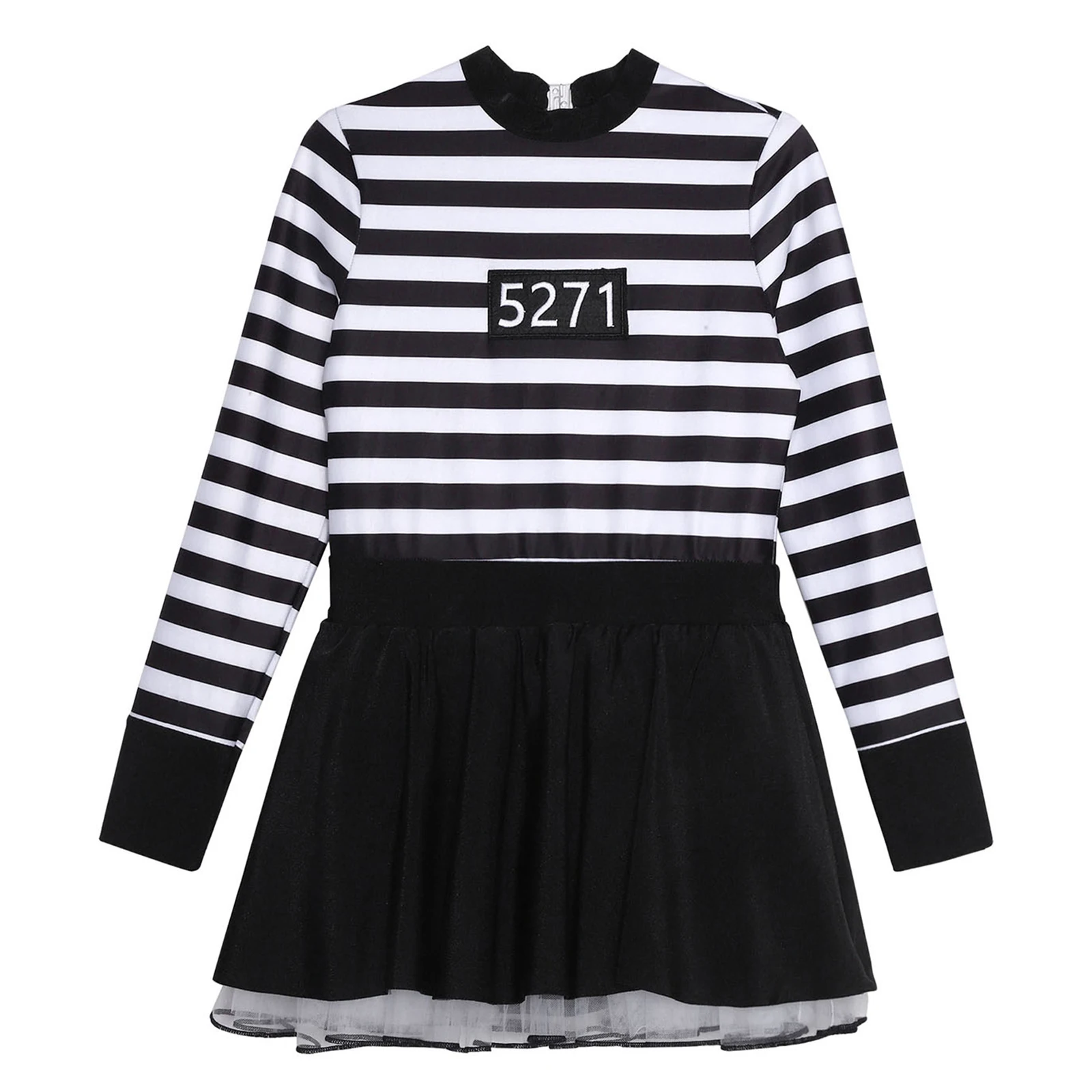 Kids Girls Prisoner Cosplay Costume Prison Jailbird Convict Uniform Long Sleeve Ruffled Striped Dress Halloween Party Dress Up