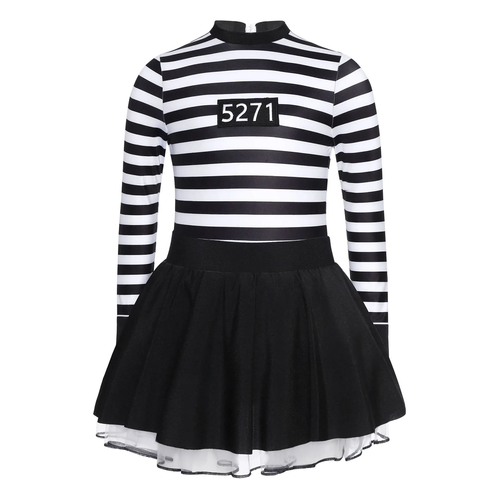 Kids Girls Prisoner Cosplay Costume Prison Jailbird Convict Uniform Long Sleeve Ruffled Striped Dress Halloween Party Dress Up