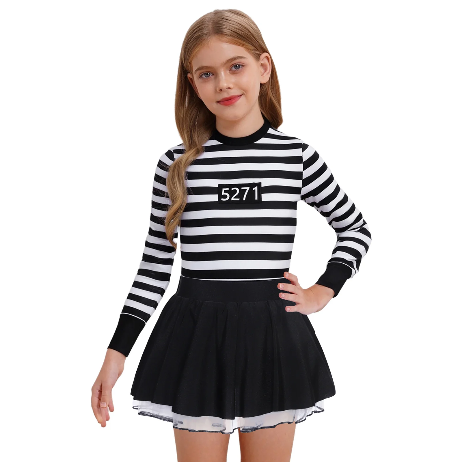 Kids Girls Prisoner Cosplay Costume Prison Jailbird Convict Uniform Long Sleeve Ruffled Striped Dress Halloween Party Dress Up