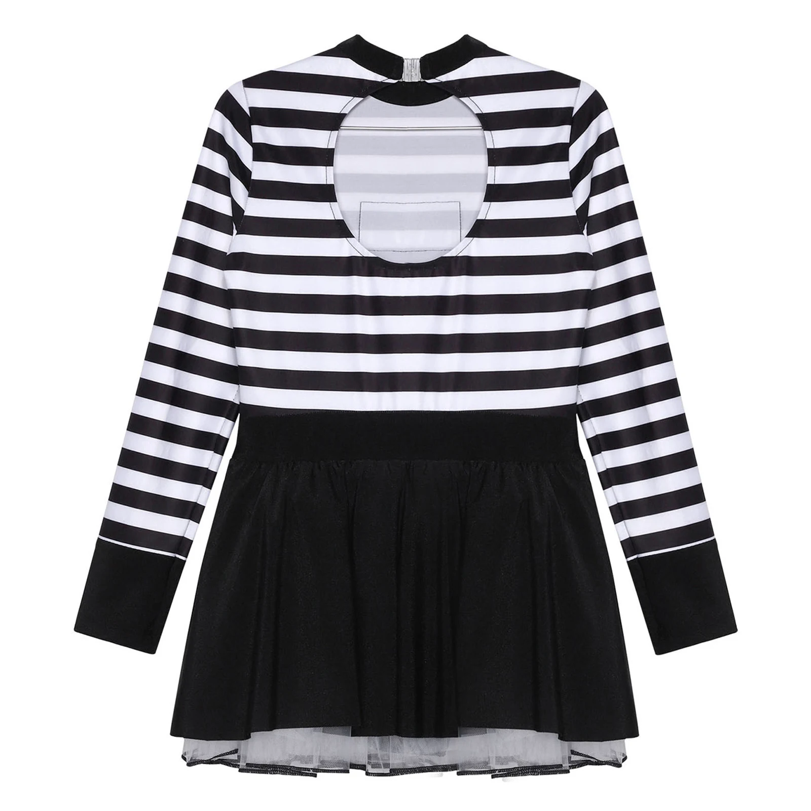 Kids Girls Prisoner Cosplay Costume Prison Jailbird Convict Uniform Long Sleeve Ruffled Striped Dress Halloween Party Dress Up
