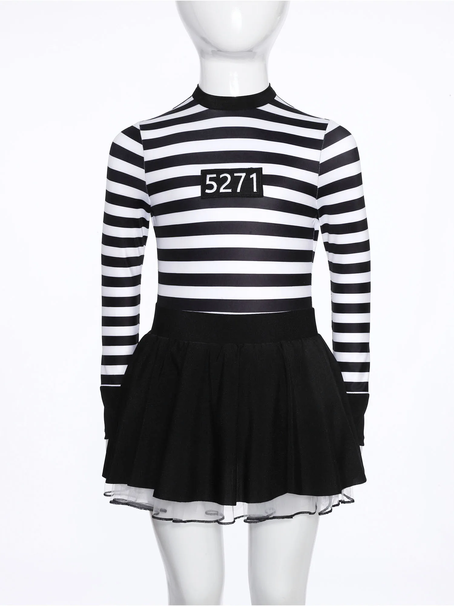 Kids Girls Prisoner Cosplay Costume Prison Jailbird Convict Uniform Long Sleeve Ruffled Striped Dress Halloween Party Dress Up