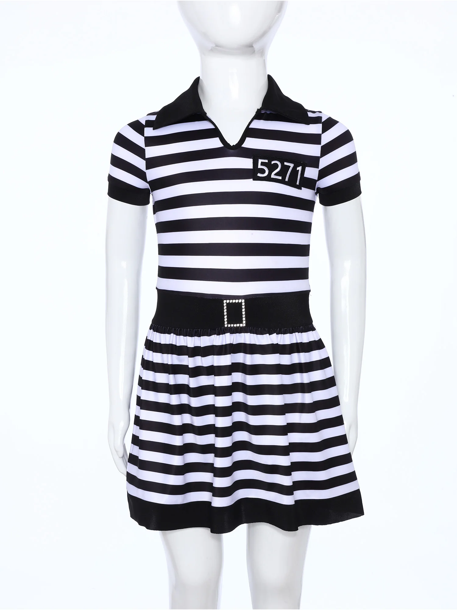 Kids Girls Prisoner Cosplay Costume Prison Jailbird Convict Uniform Long Sleeve Ruffled Striped Dress Halloween Party Dress Up