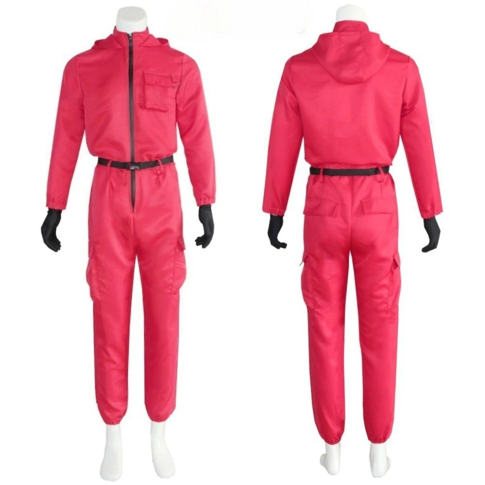 Adult Calamari Game Costume Guard Cosplay Jumpsuit Outfit Teenagers Tracksuit Hooded Overall Belt Gloves Mask Set Halloween
