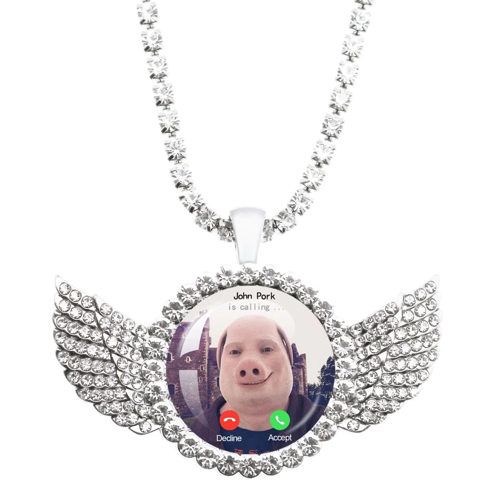 John Pork Is Calling Answer Call Phone Humor Funny Pig Graphic Glass Cabochon Angel Wings Pendant Necklace Jewelry Giftwholesale