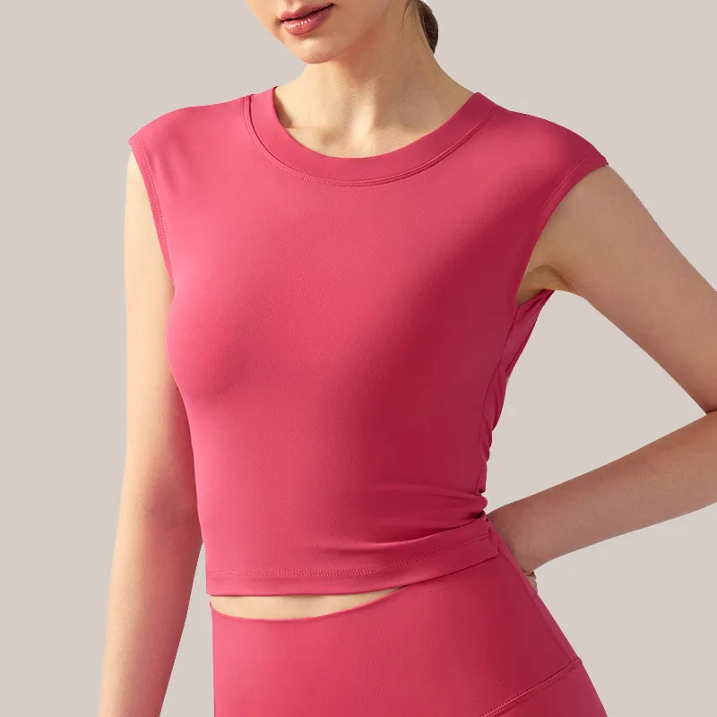 Women's Low-Intensity Yoga Fitness Vest Backless Short Sports T-Shirt Sexy Fixed Cup Waist Slimming Top Short Sleeved