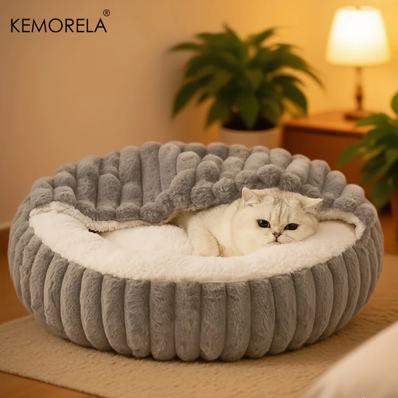 Calming Warm Kitten Bed Round Hooded Cat Cave, Indoor Puppy Sleeping Bed Suitable for Cat Dog Non-Slip Bottom Cat Cushion