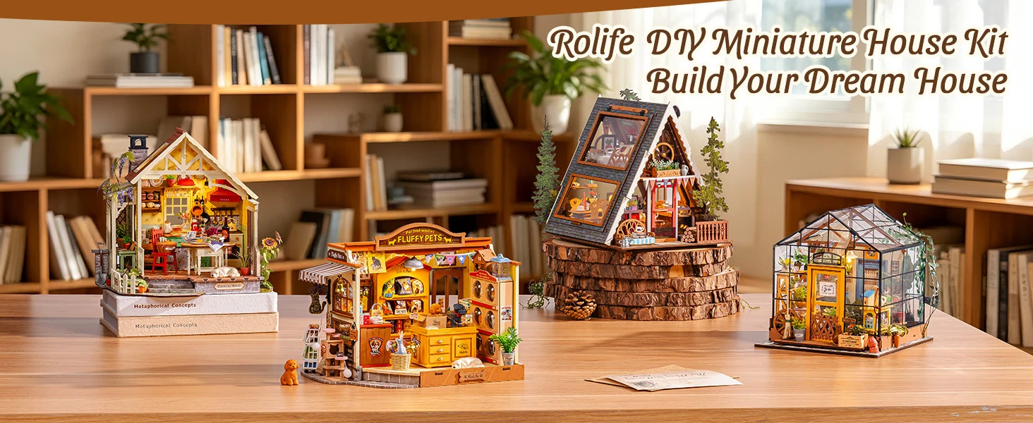 Rolife DIY Miniature House Kit Pet Store Dollhouse Wooden 3D Puzzle Model Building Kit with LED Light for Home Decor Suitable for Adults and Kids