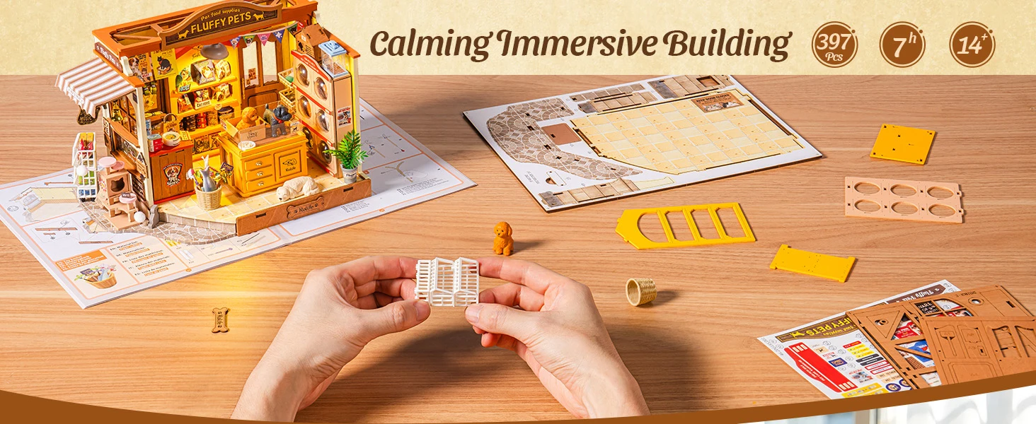 Rolife DIY Miniature House Kit Pet Store Dollhouse Wooden 3D Puzzle Model Building Kit with LED Light for Home Decor Suitable for Adults and Kids