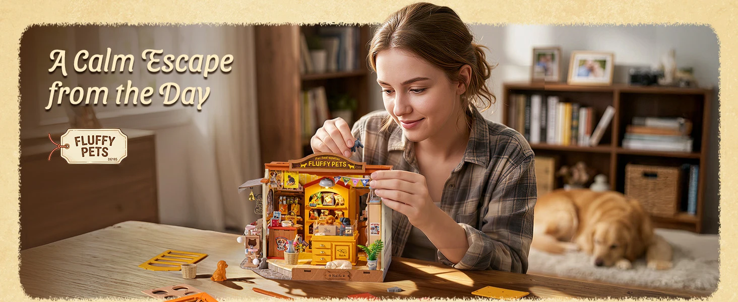Rolife DIY Miniature House Kit Pet Store Dollhouse Wooden 3D Puzzle Model Building Kit with LED Light for Home Decor Suitable for Adults and Kids