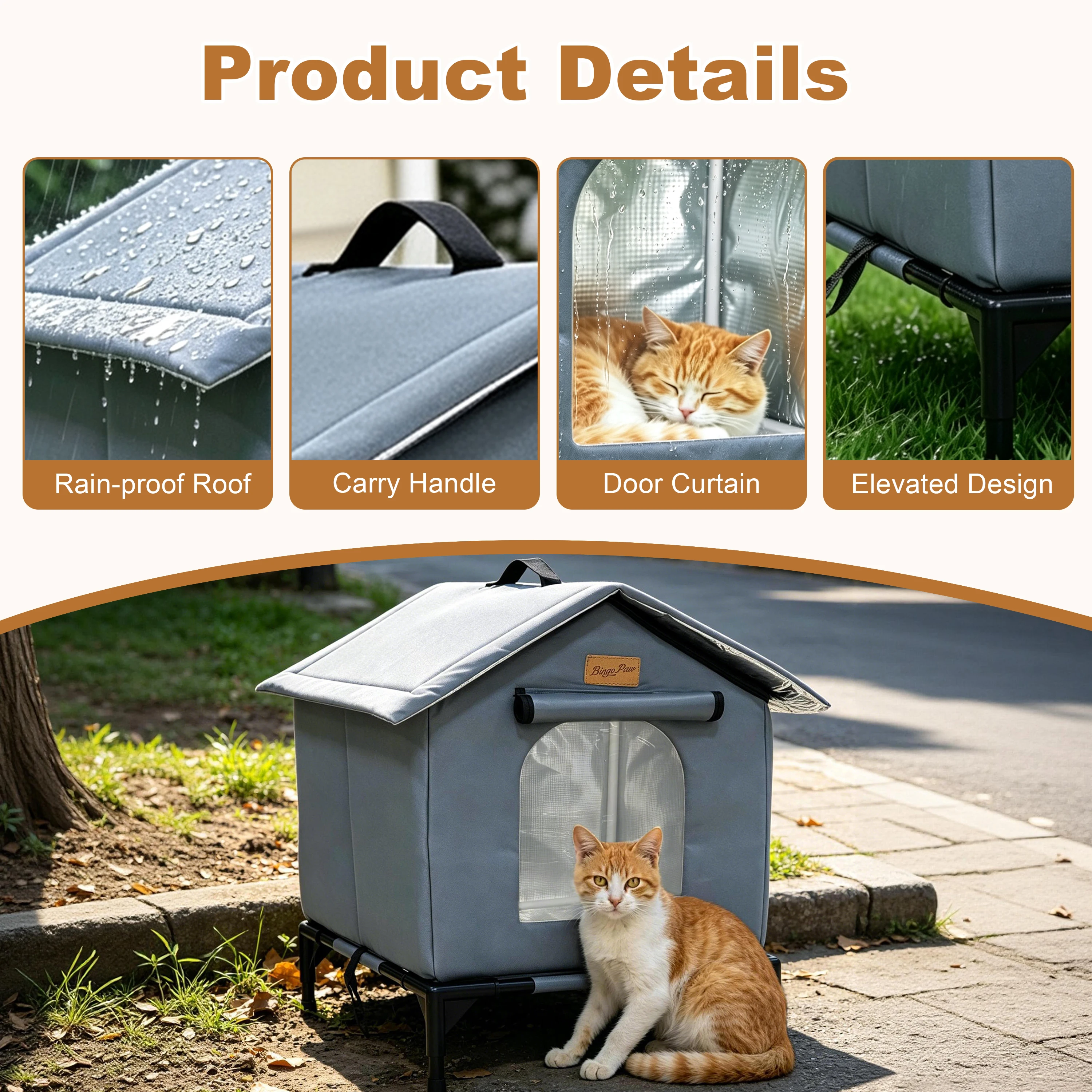 BingoPaw Elevated Outdoor Cat House Weatherproof, Insulated Feral Cat Shelter for Outside Winter with 3-Layer Aluminum Foil Thermal Liner, 600D Waterproof Oxford Pet Tent Bed with Legs & Ground Stakes for Stray Cats (45x42x55cm)