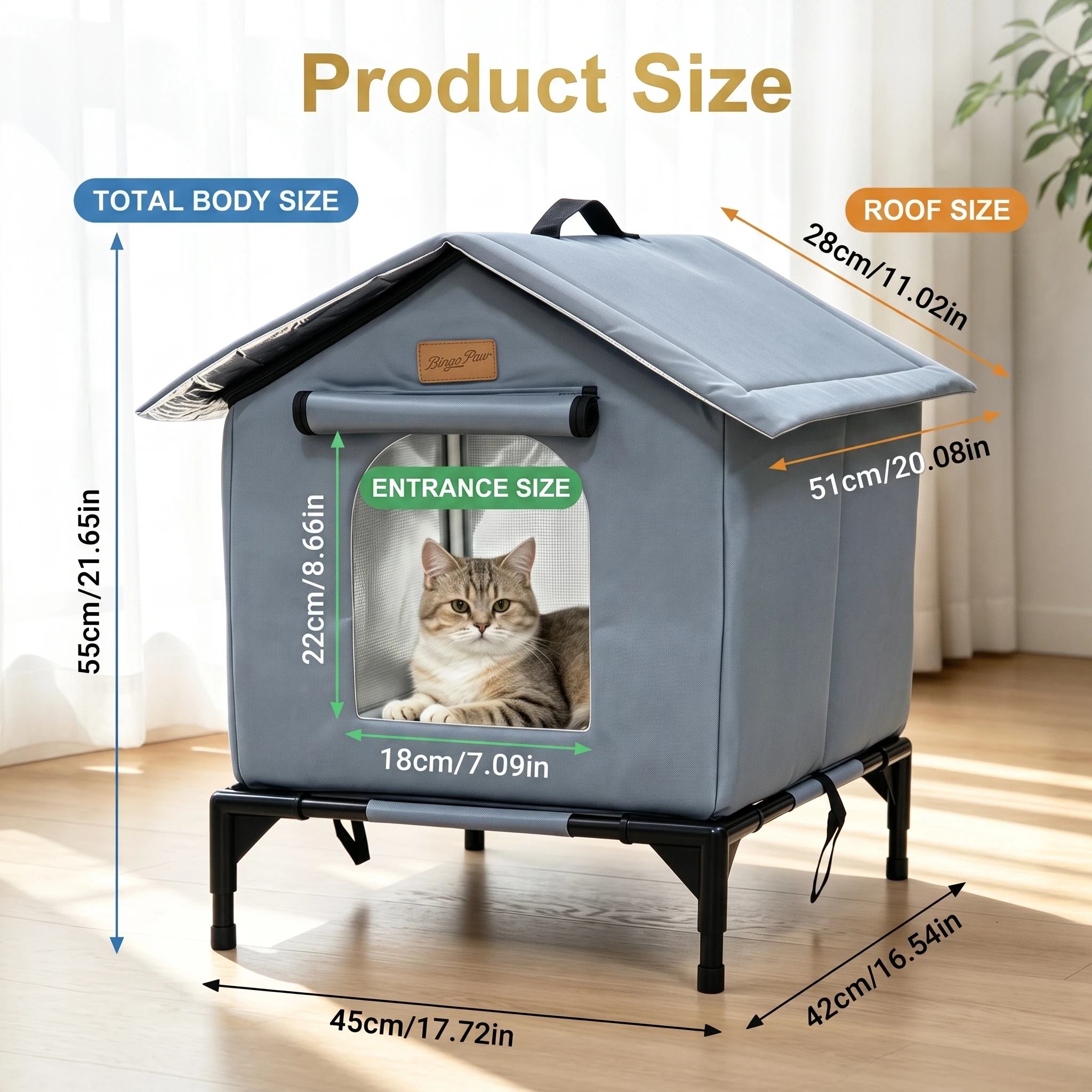 BingoPaw Elevated Outdoor Cat House Weatherproof, Insulated Feral Cat Shelter for Outside Winter with 3-Layer Aluminum Foil Thermal Liner, 600D Waterproof Oxford Pet Tent Bed with Legs & Ground Stakes for Stray Cats (45x42x55cm)