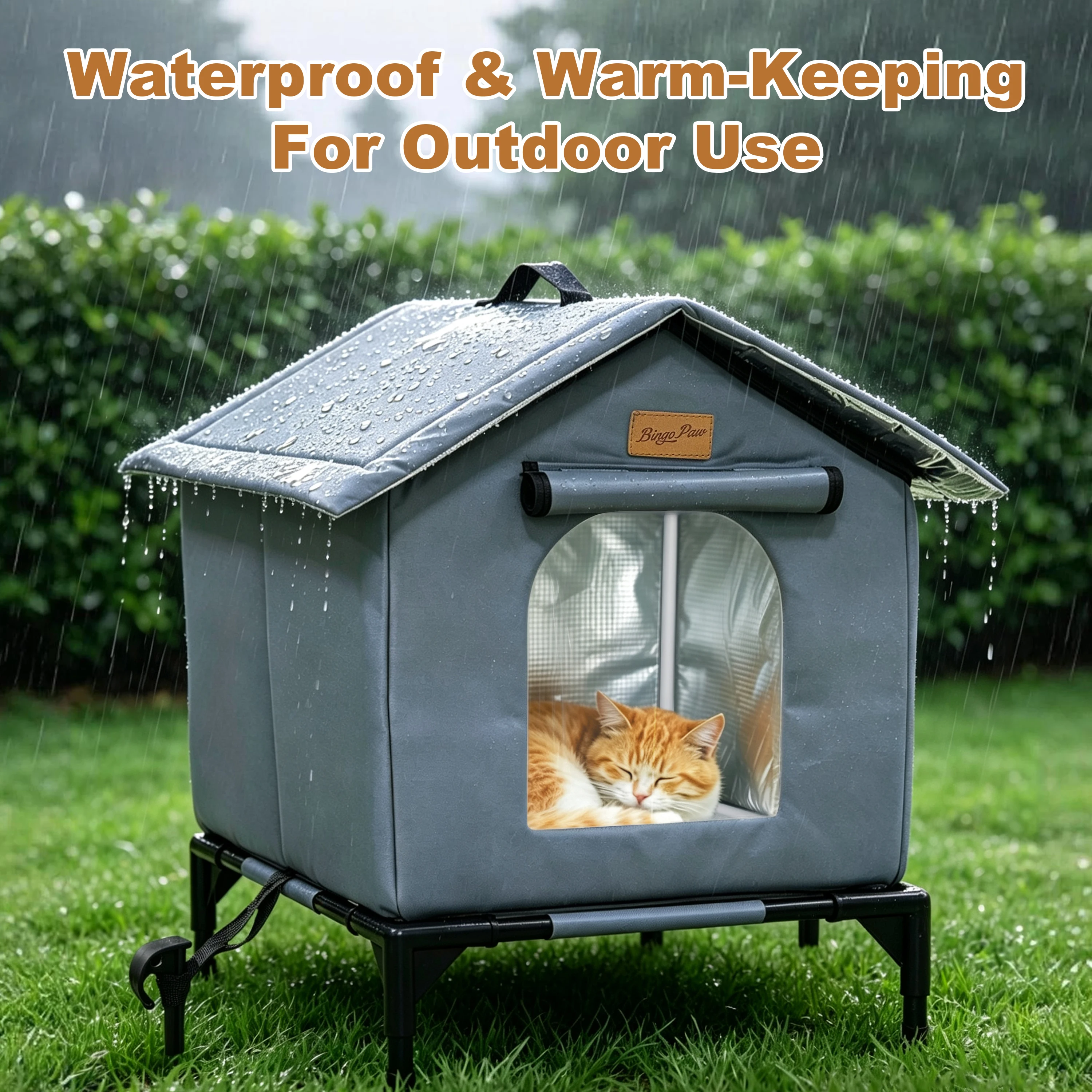 BingoPaw Elevated Outdoor Cat House Weatherproof, Insulated Feral Cat Shelter for Outside Winter with 3-Layer Aluminum Foil Thermal Liner, 600D Waterproof Oxford Pet Tent Bed with Legs & Ground Stakes for Stray Cats (45x42x55cm)