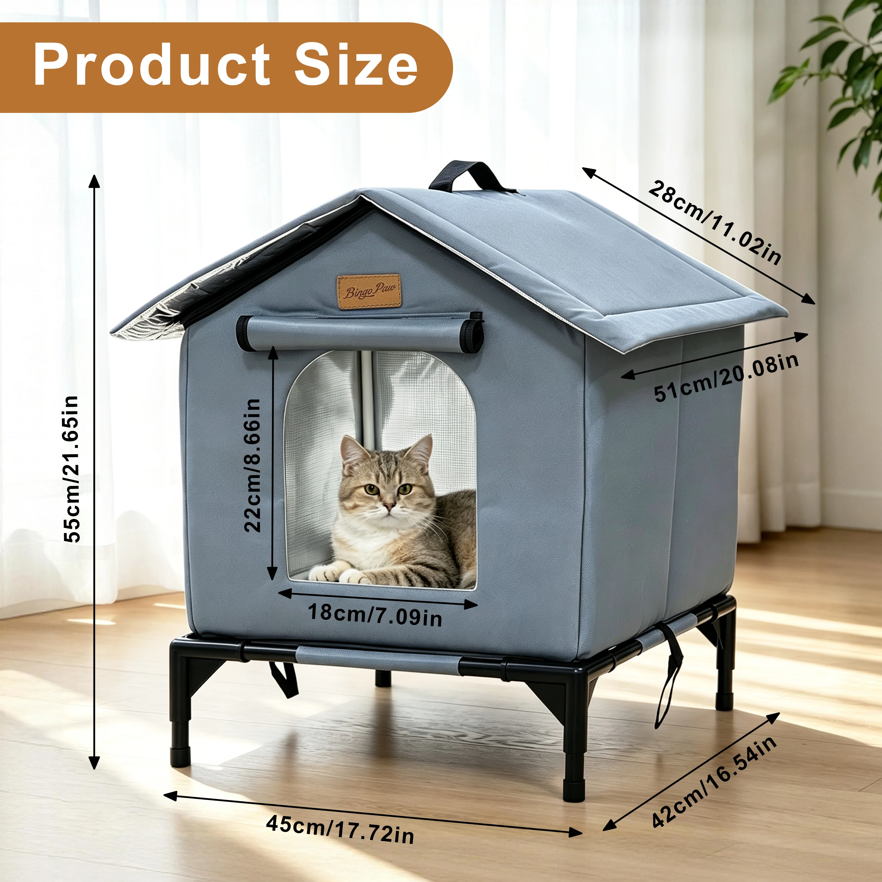 BingoPaw Elevated Outdoor Cat House Weatherproof, Insulated Feral Cat Shelter for Outside Winter with 3-Layer Aluminum Foil Thermal Liner, 600D Waterproof Oxford Pet Tent Bed with Legs & Ground Stakes for Stray Cats (45x42x55cm)
