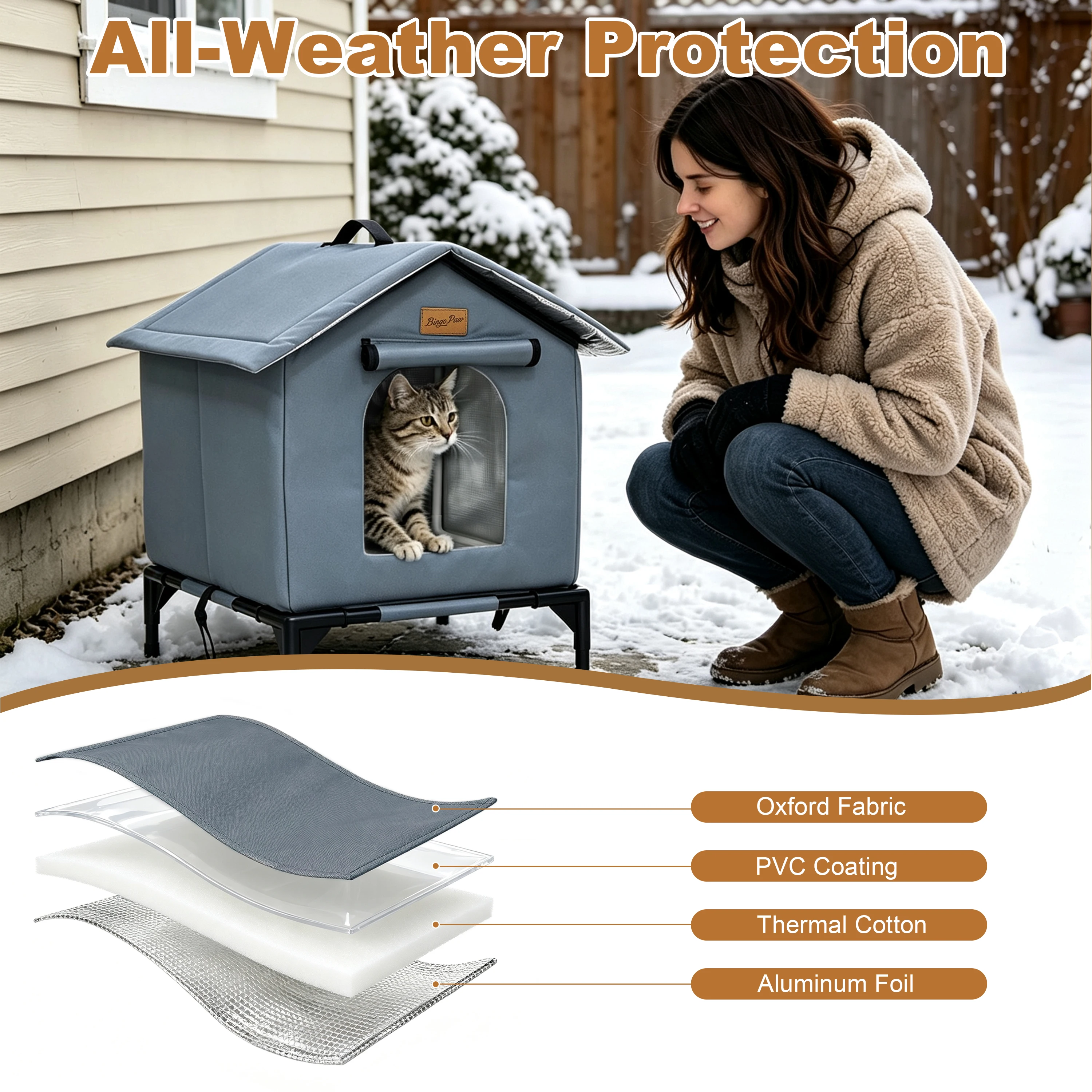 BingoPaw Elevated Outdoor Cat House Weatherproof, Insulated Feral Cat Shelter for Outside Winter with 3-Layer Aluminum Foil Thermal Liner, 600D Waterproof Oxford Pet Tent Bed with Legs & Ground Stakes for Stray Cats (45x42x55cm)