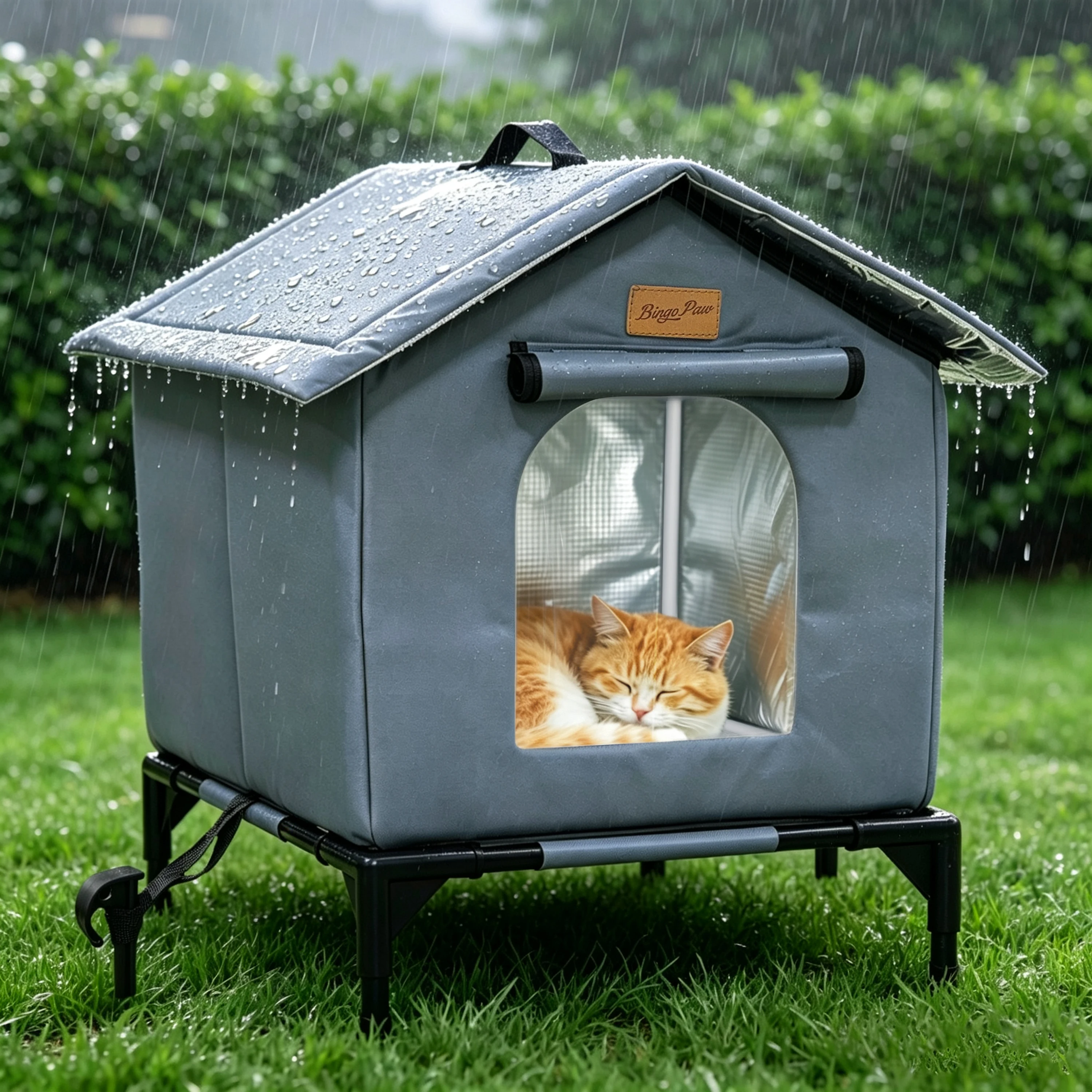 BingoPaw Elevated Outdoor Cat House Weatherproof, Insulated Feral Cat Shelter for Outside Winter with 3-Layer Aluminum Foil Thermal Liner, 600D Waterproof Oxford Pet Tent Bed with Legs & Ground Stakes for Stray Cats (45x42x55cm)