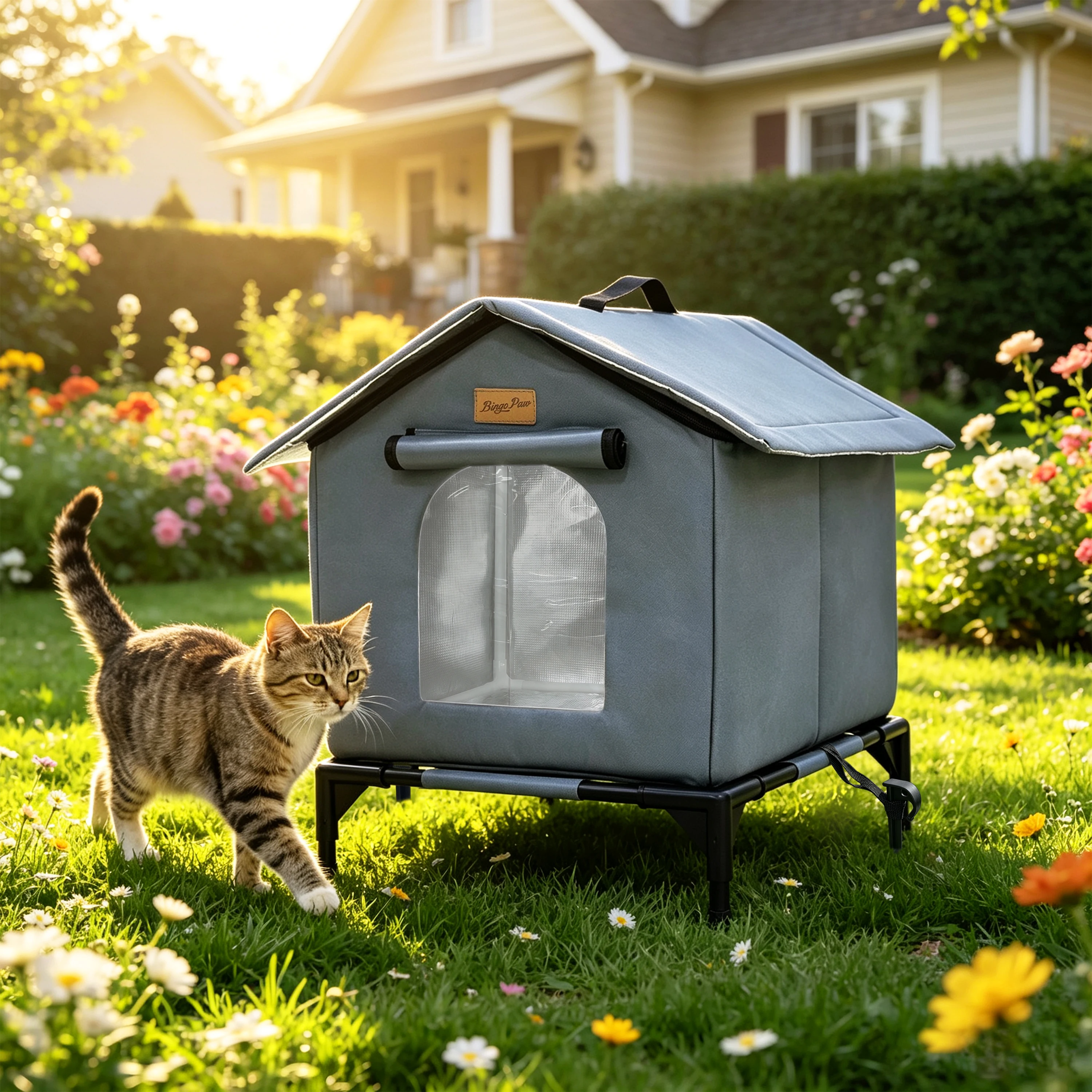 BingoPaw Elevated Outdoor Cat House Weatherproof, Insulated Feral Cat Shelter for Outside Winter with 3-Layer Aluminum Foil Thermal Liner, 600D Waterproof Oxford Pet Tent Bed with Legs & Ground Stakes for Stray Cats (45x42x55cm)