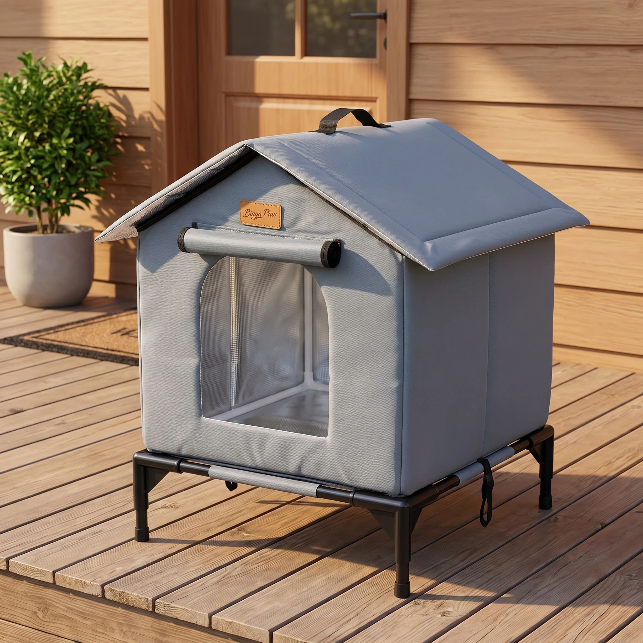 BingoPaw Elevated Outdoor Cat House Weatherproof, Insulated Feral Cat Shelter for Outside Winter with 3-Layer Aluminum Foil Thermal Liner, 600D Waterproof Oxford Pet Tent Bed with Legs & Ground Stakes for Stray Cats (45x42x55cm)
