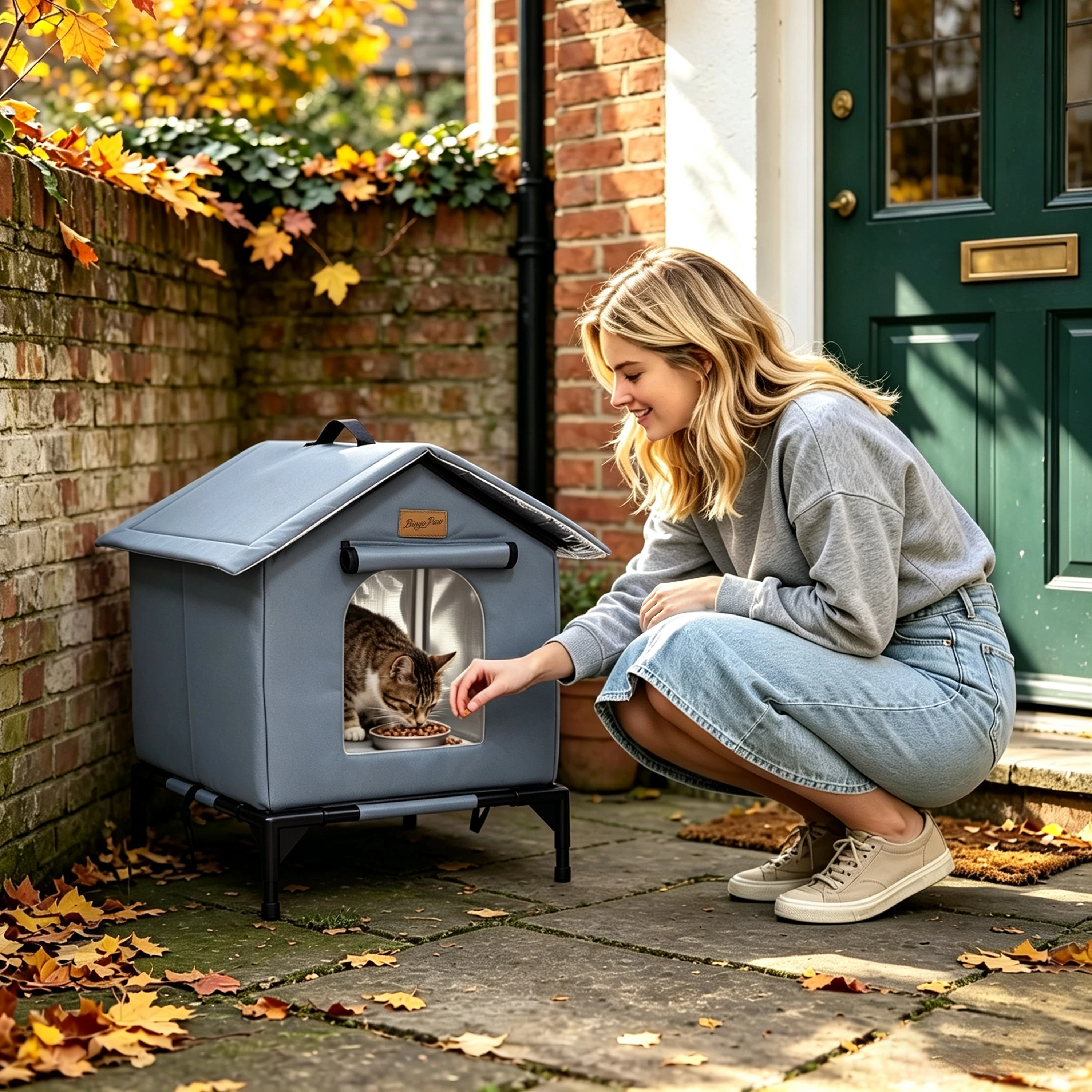 BingoPaw Elevated Outdoor Cat House Weatherproof, Insulated Feral Cat Shelter for Outside Winter with 3-Layer Aluminum Foil Thermal Liner, 600D Waterproof Oxford Pet Tent Bed with Legs & Ground Stakes for Stray Cats (45x42x55cm)