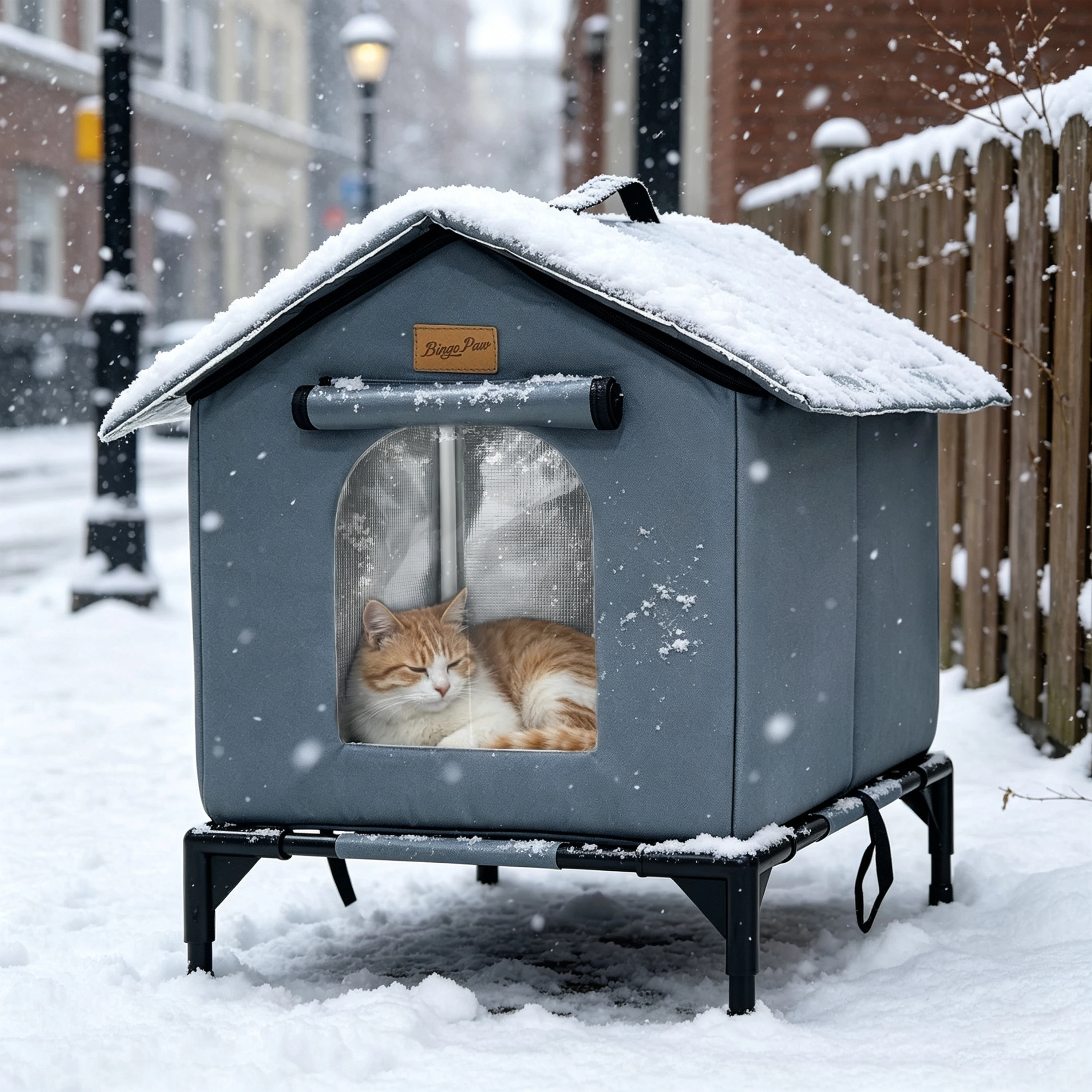 BingoPaw Elevated Outdoor Cat House Weatherproof, Insulated Feral Cat Shelter for Outside Winter with 3-Layer Aluminum Foil Thermal Liner, 600D Waterproof Oxford Pet Tent Bed with Legs & Ground Stakes for Stray Cats (45x42x55cm)
