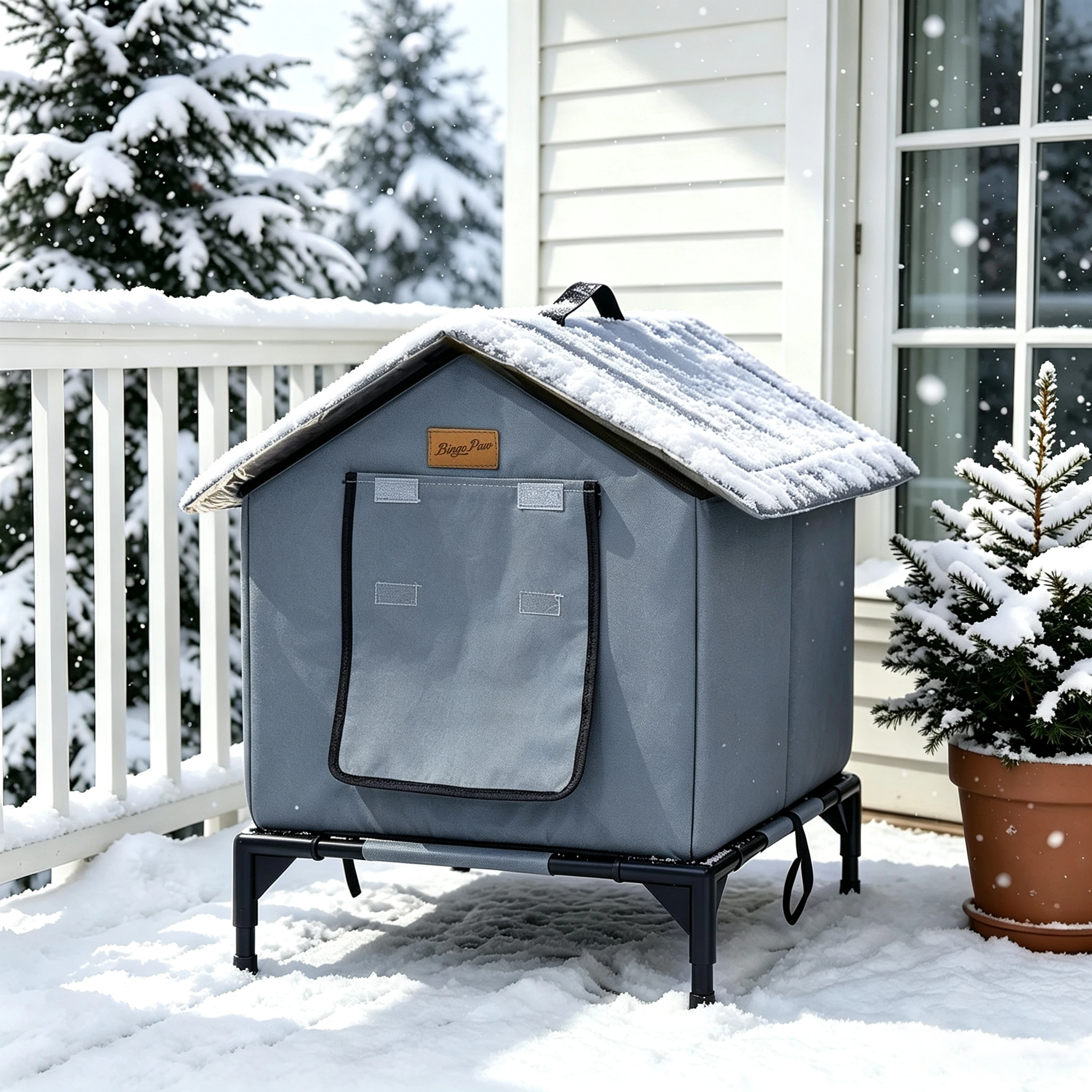 BingoPaw Elevated Outdoor Cat House Weatherproof, Insulated Feral Cat Shelter for Outside Winter with 3-Layer Aluminum Foil Thermal Liner, 600D Waterproof Oxford Pet Tent Bed with Legs & Ground Stakes for Stray Cats (45x42x55cm)