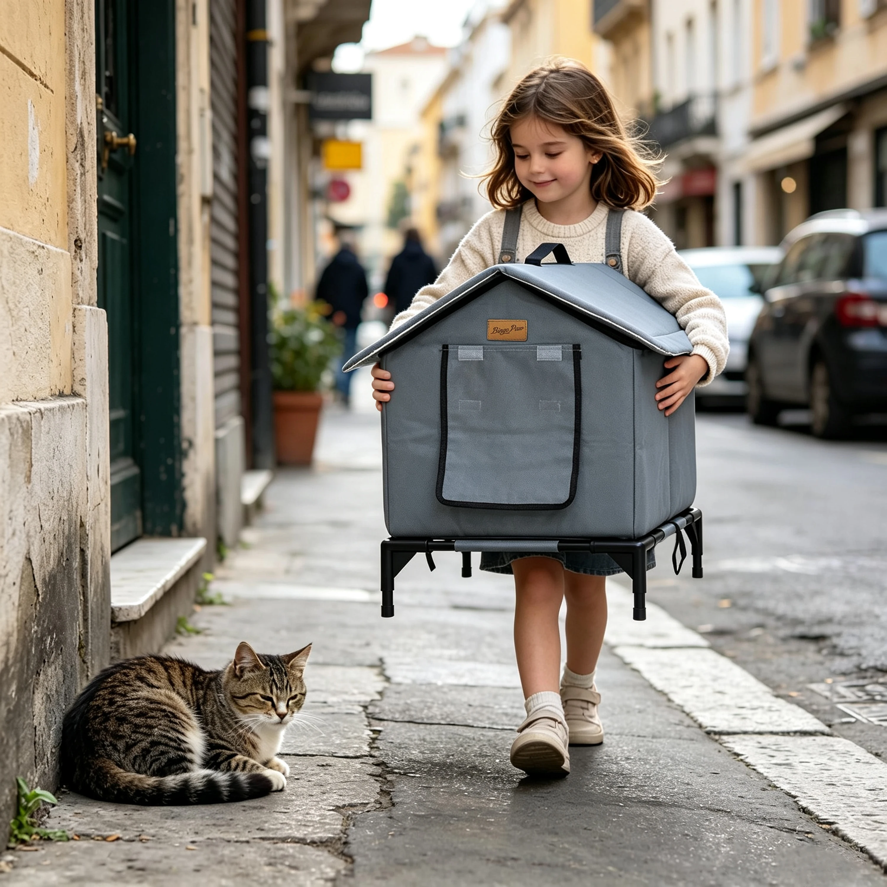 BingoPaw Elevated Outdoor Cat House Weatherproof, Insulated Feral Cat Shelter for Outside Winter with 3-Layer Aluminum Foil Thermal Liner, 600D Waterproof Oxford Pet Tent Bed with Legs & Ground Stakes for Stray Cats (45x42x55cm)