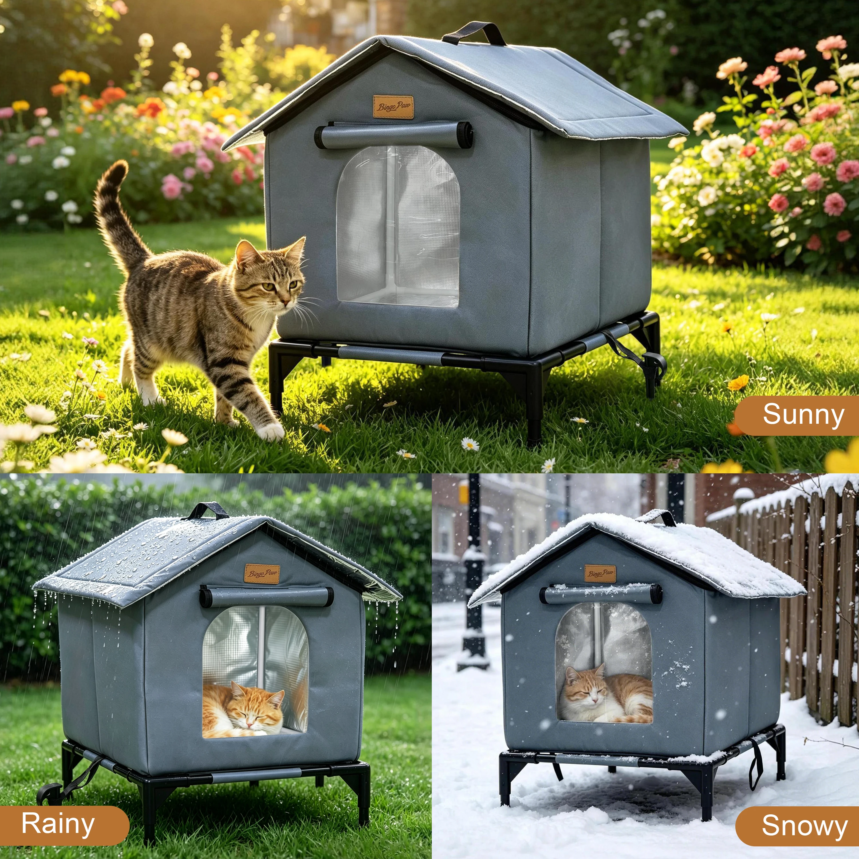 BingoPaw Elevated Outdoor Cat House Weatherproof, Insulated Feral Cat Shelter for Outside Winter with 3-Layer Aluminum Foil Thermal Liner, 600D Waterproof Oxford Pet Tent Bed with Legs & Ground Stakes for Stray Cats (45x42x55cm)