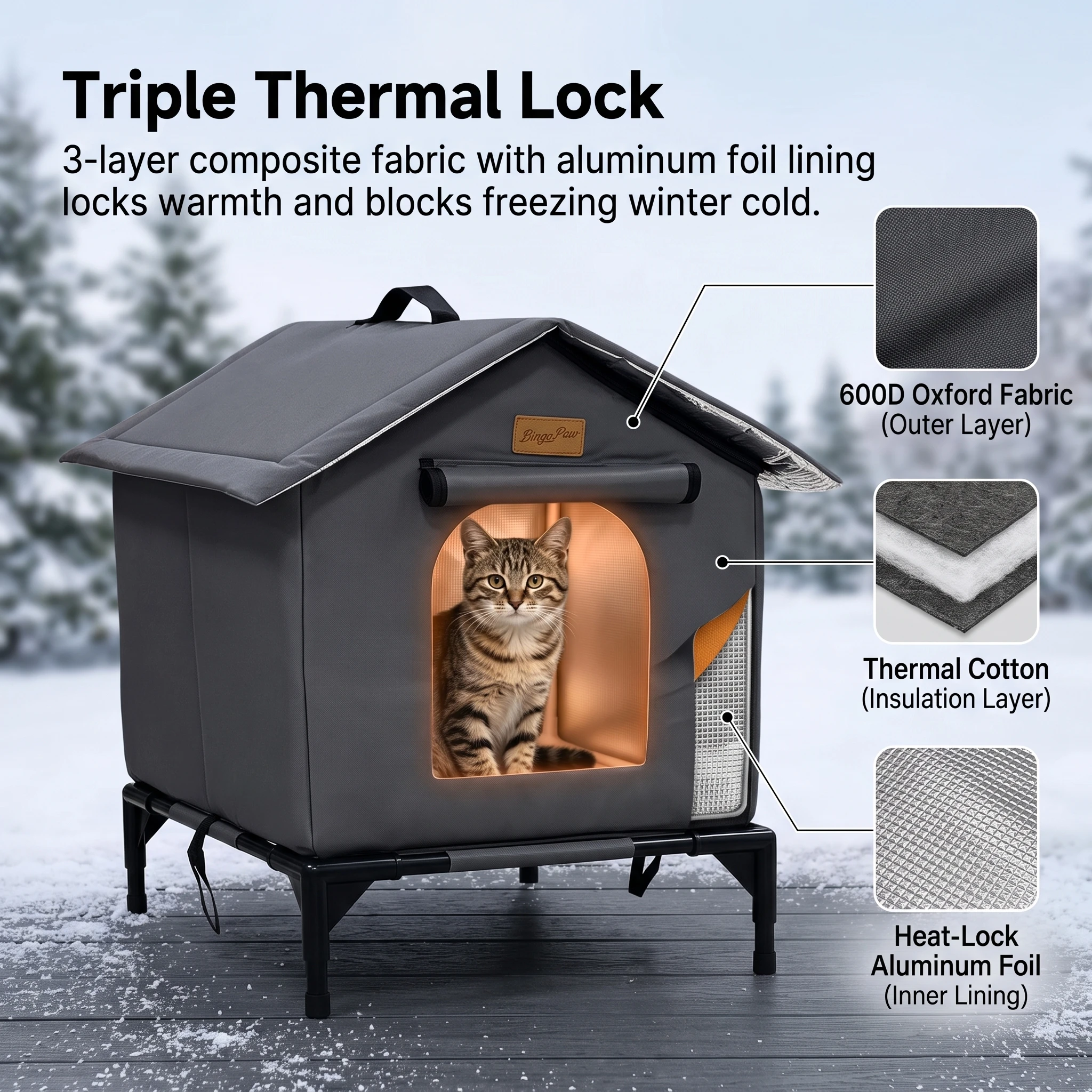 BingoPaw Elevated Outdoor Cat House Weatherproof, Insulated Feral Cat Shelter for Outside Winter with 3-Layer Aluminum Foil Thermal Liner, 600D Waterproof Oxford Pet Tent Bed with Legs & Ground Stakes for Stray Cats (45x42x55cm)