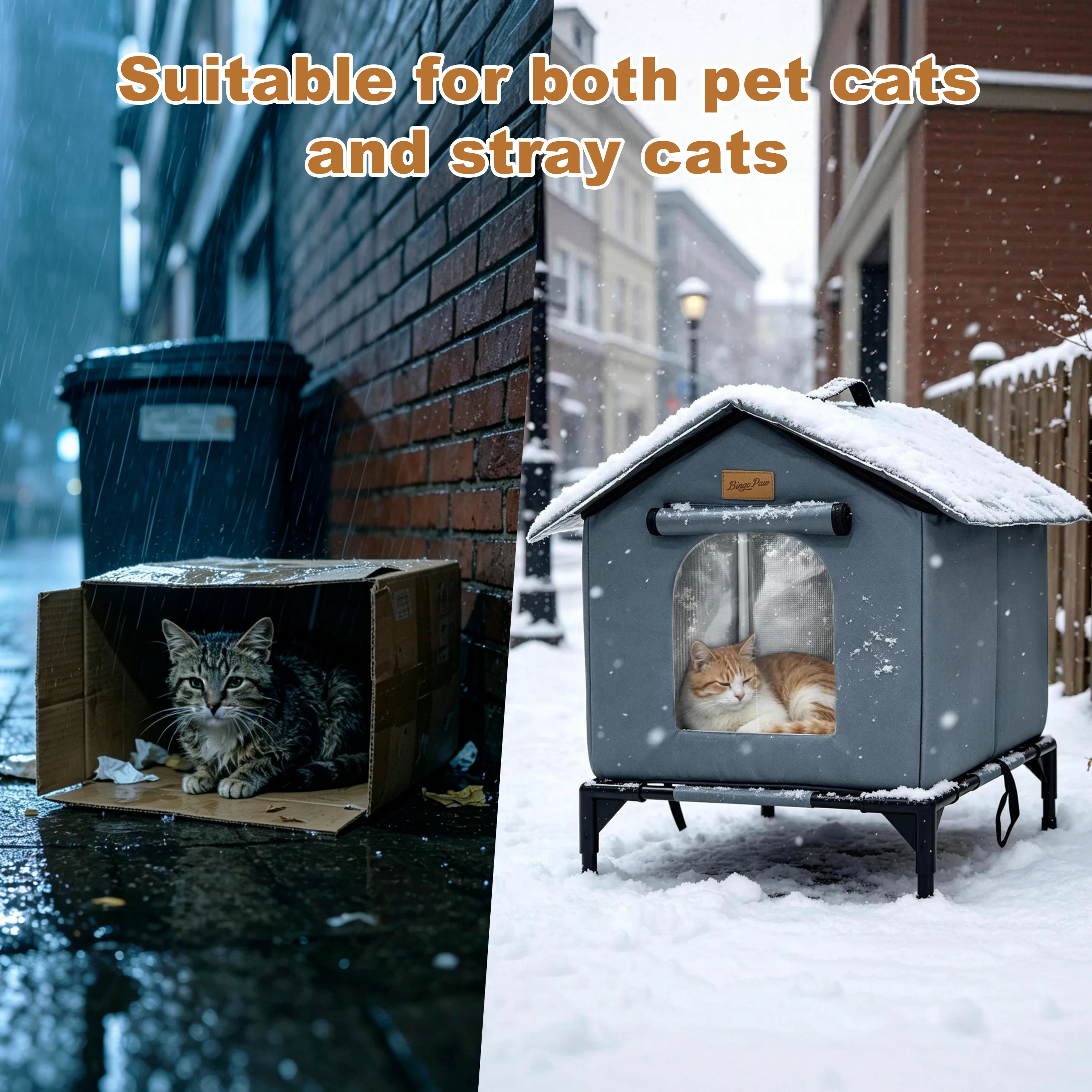 BingoPaw Elevated Outdoor Cat House Weatherproof, Insulated Feral Cat Shelter for Outside Winter with 3-Layer Aluminum Foil Thermal Liner, 600D Waterproof Oxford Pet Tent Bed with Legs & Ground Stakes for Stray Cats (45x42x55cm)