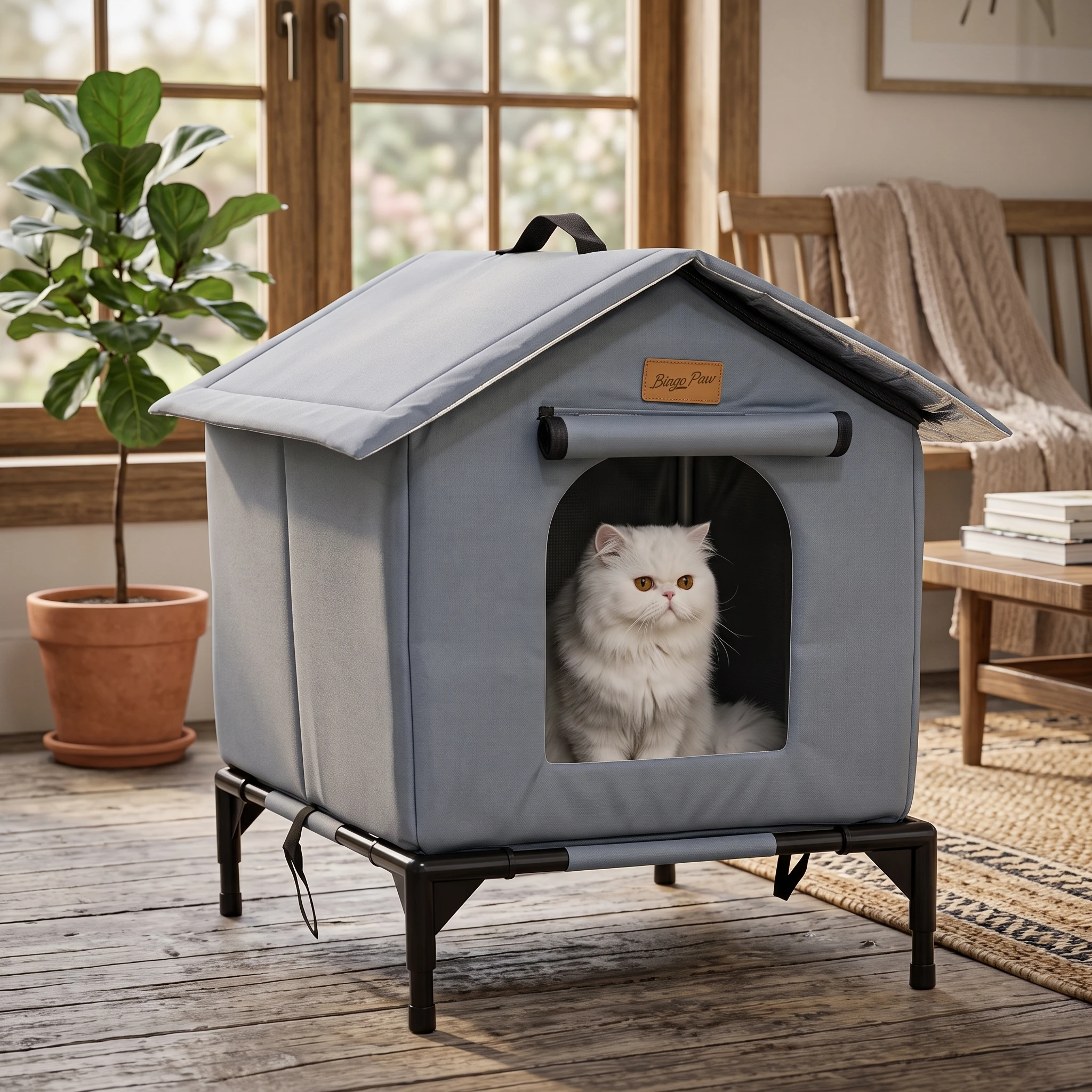 BingoPaw Elevated Outdoor Cat House Weatherproof, Insulated Feral Cat Shelter for Outside Winter with 3-Layer Aluminum Foil Thermal Liner, 600D Waterproof Oxford Pet Tent Bed with Legs & Ground Stakes for Stray Cats (45x42x55cm)