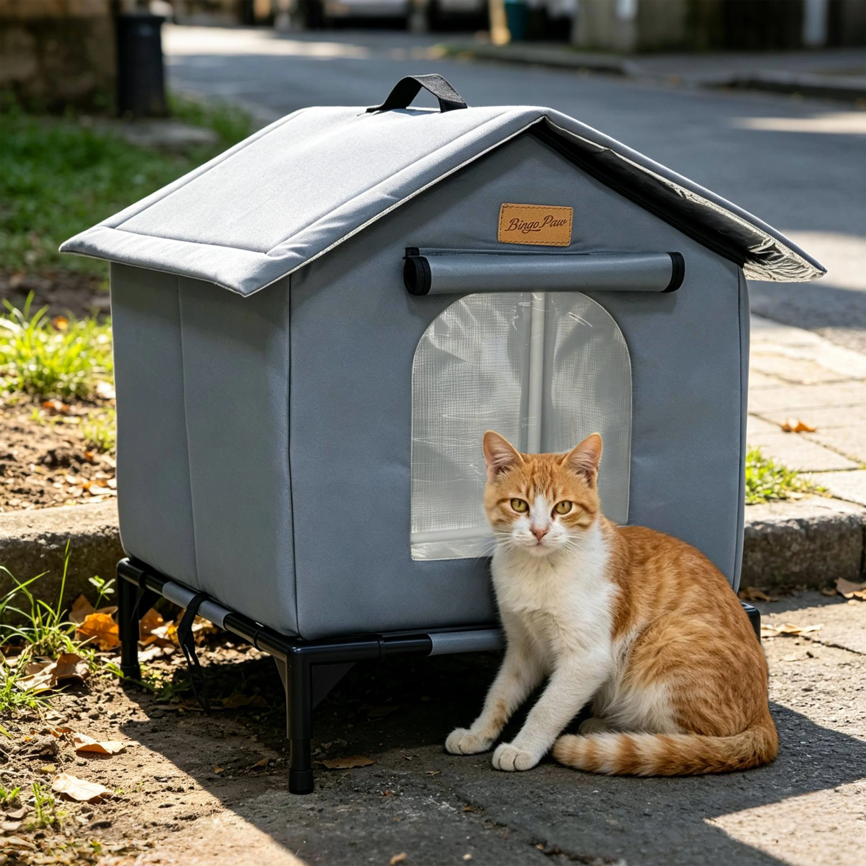 BingoPaw Elevated Outdoor Cat House Weatherproof, Insulated Feral Cat Shelter for Outside Winter with 3-Layer Aluminum Foil Thermal Liner, 600D Waterproof Oxford Pet Tent Bed with Legs & Ground Stakes for Stray Cats (45x42x55cm)