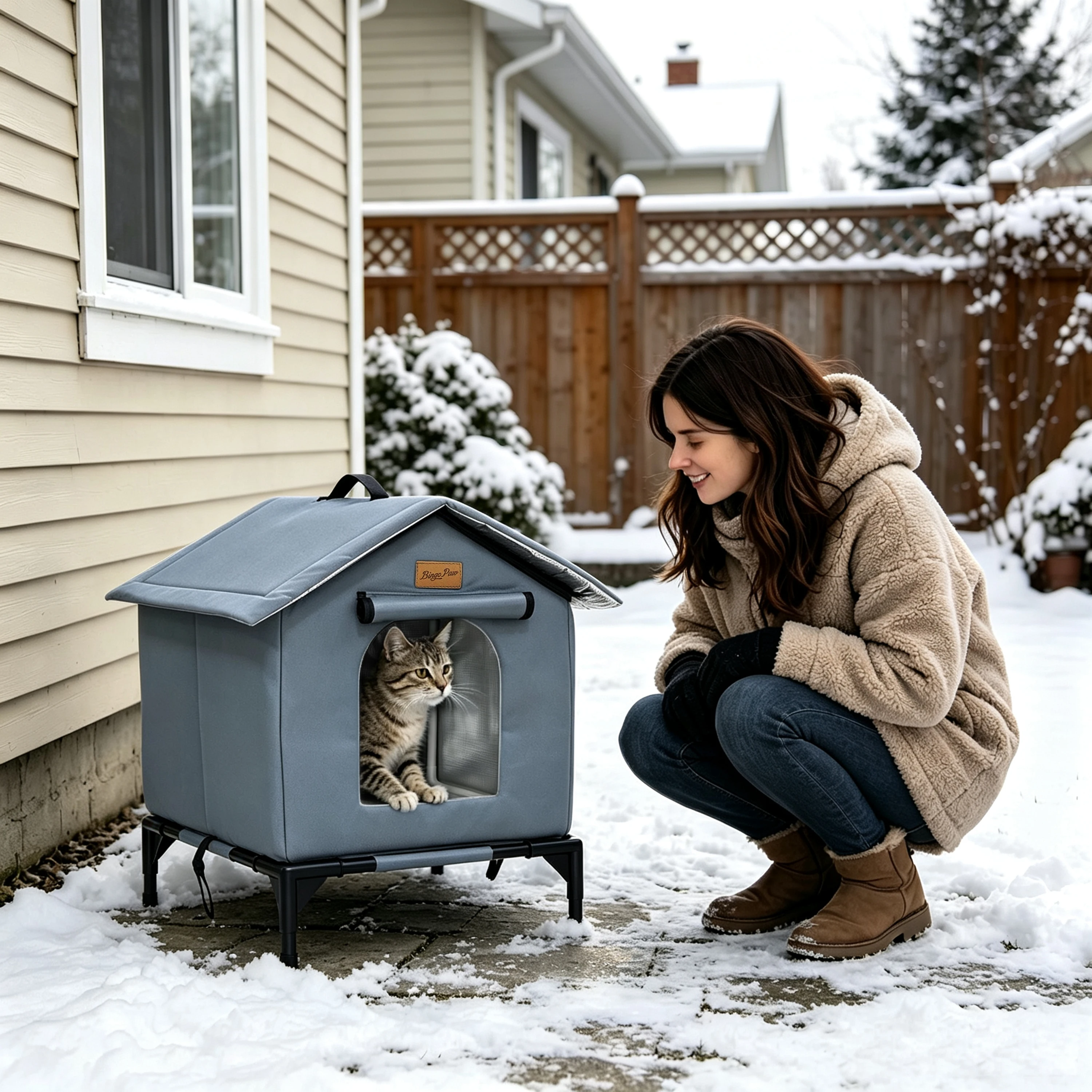 BingoPaw Elevated Outdoor Cat House Weatherproof, Insulated Feral Cat Shelter for Outside Winter with 3-Layer Aluminum Foil Thermal Liner, 600D Waterproof Oxford Pet Tent Bed with Legs & Ground Stakes for Stray Cats (45x42x55cm)
