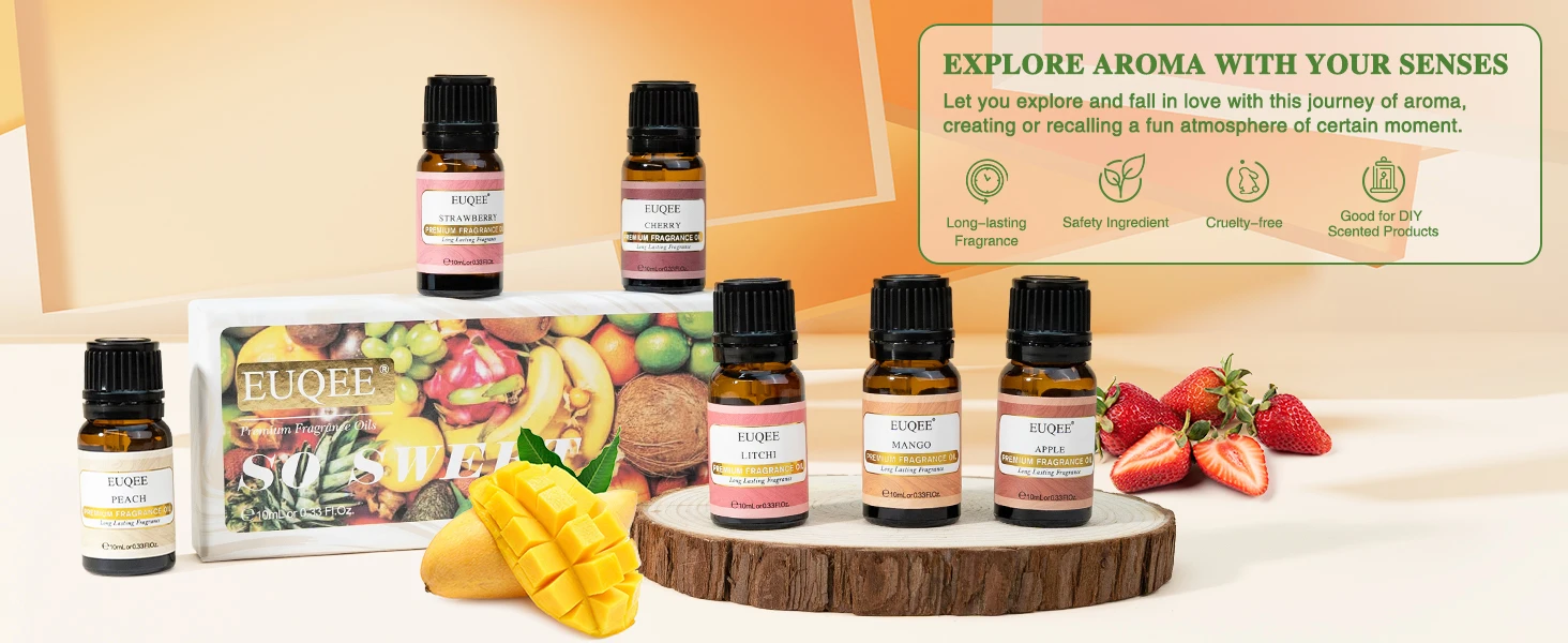 EUQEE Christmas Gift Set Aromatherapy Fragrance Oil 6 x 10ml Peach Litch Mango Cherry Strawberry Apple Aroma Oils For Diffuser,Candle Making