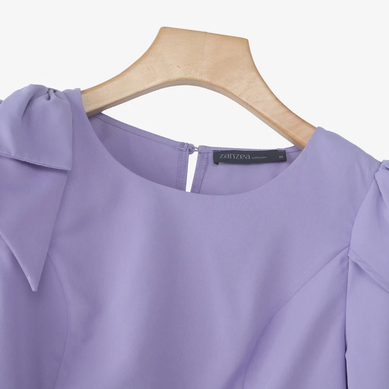 Women Blouse ZANZEA Elegant Office Lady Summer Short Puff Sleeve Bow Fashion Shirts 2025 Casual Solid Color Tops Tunic Blusas