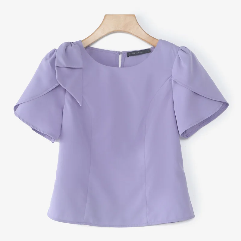 Women Blouse ZANZEA Elegant Office Lady Summer Short Puff Sleeve Bow Fashion Shirts 2025 Casual Solid Color Tops Tunic Blusas