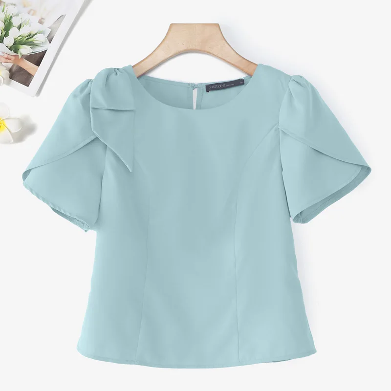 Women Blouse ZANZEA Elegant Office Lady Summer Short Puff Sleeve Bow Fashion Shirts 2025 Casual Solid Color Tops Tunic Blusas