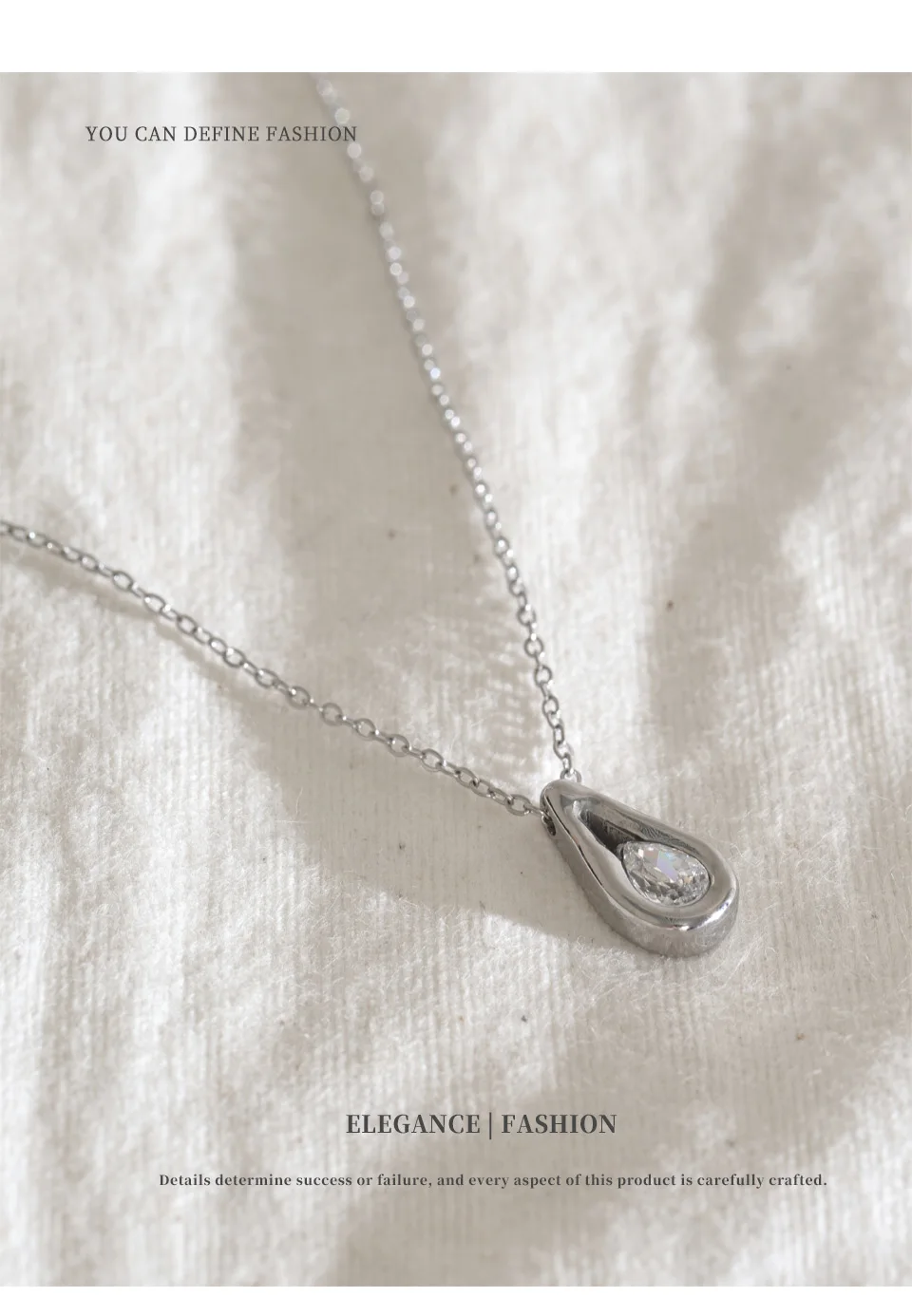 NiNice Stainless Steel Teardrop Pendant Necklace Inlaid Pear‑Shaped Sparkling Cubic Zirconia Dainty High Quality Chain Everyday