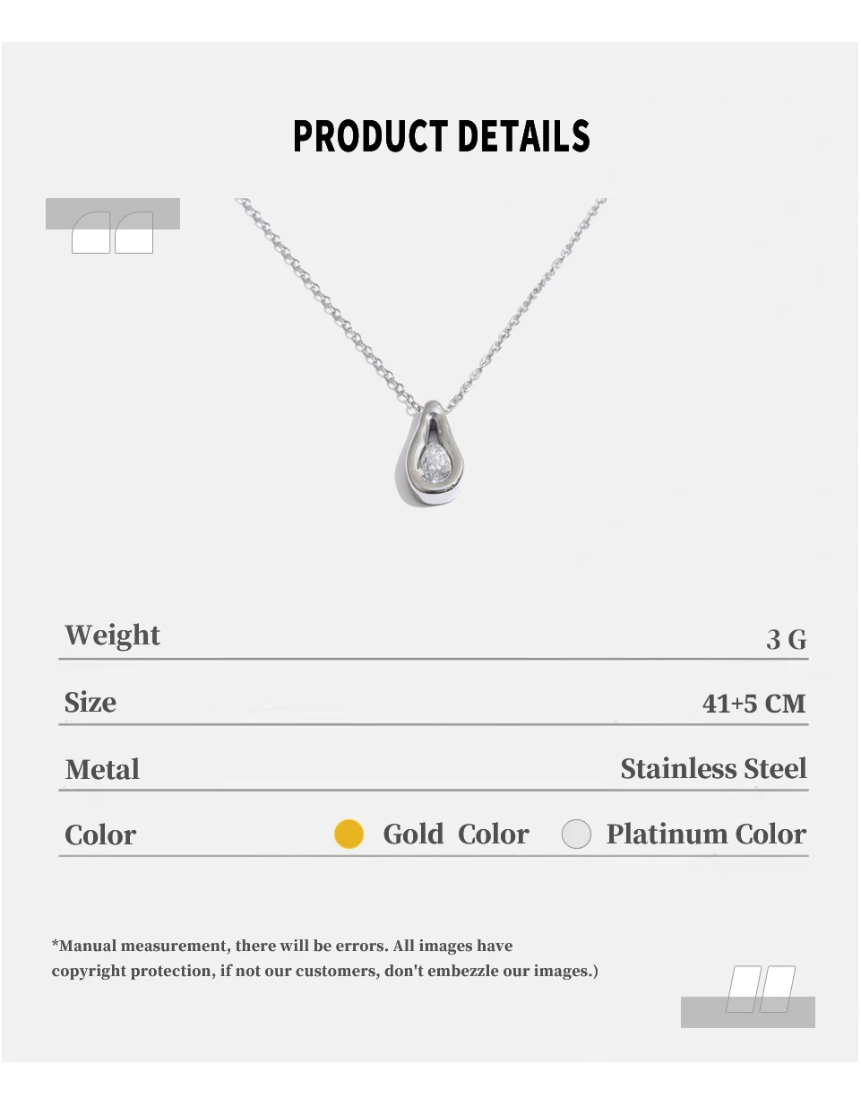 NiNice Stainless Steel Teardrop Pendant Necklace Inlaid Pear‑Shaped Sparkling Cubic Zirconia Dainty High Quality Chain Everyday