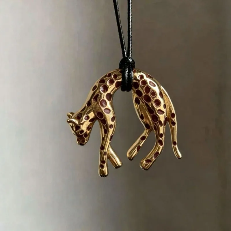 Retro Punk Leopard Pendant Necklace for Men Women Gold Enamel Spot Panther Charm Necklace Black Rope Statement Neck Jewelry