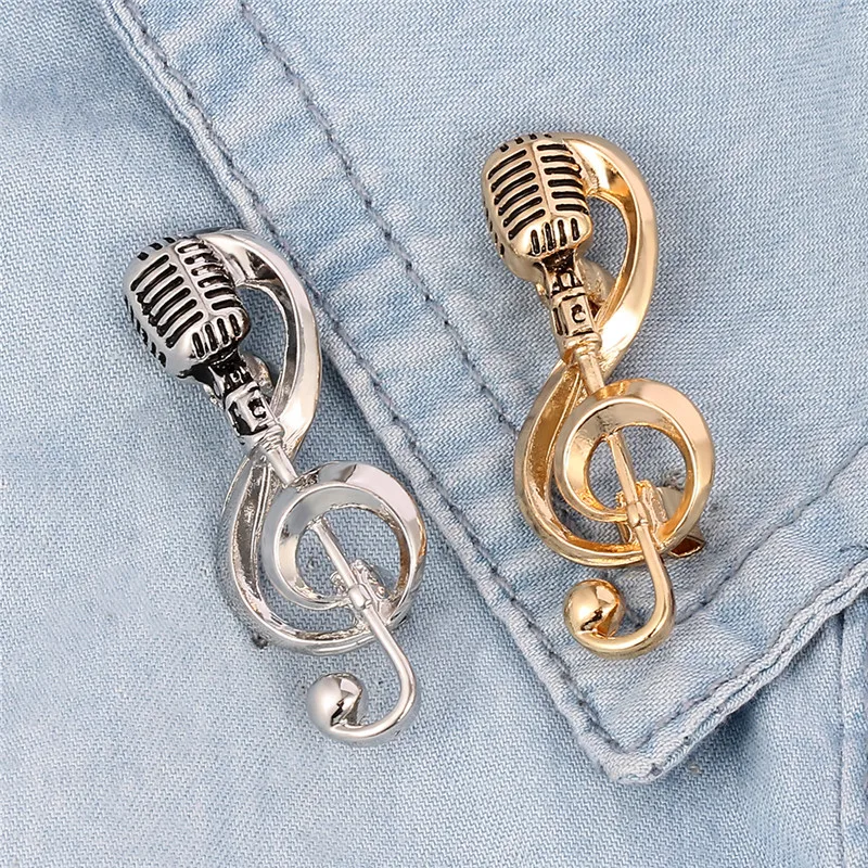 Fashion Microphone Music Note Brooches For Women And Men Gifts Gold Color Lapel Pin Men Backpack Bags Badge Kids Gifts