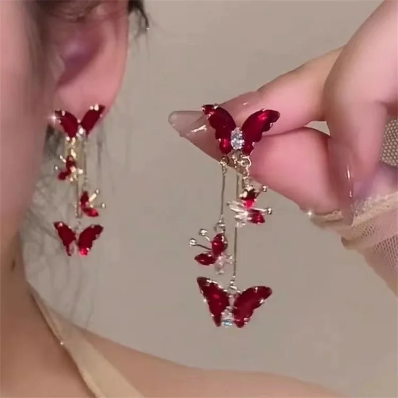 Elegant Red Zircon Butterfly Drop Earrings for Women Temperament Sweet Metal Bow Earrings Fashion Charms Jewelry Accessories