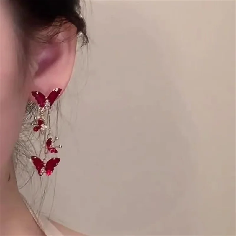 Elegant Red Zircon Butterfly Drop Earrings for Women Temperament Sweet Metal Bow Earrings Fashion Charms Jewelry Accessories