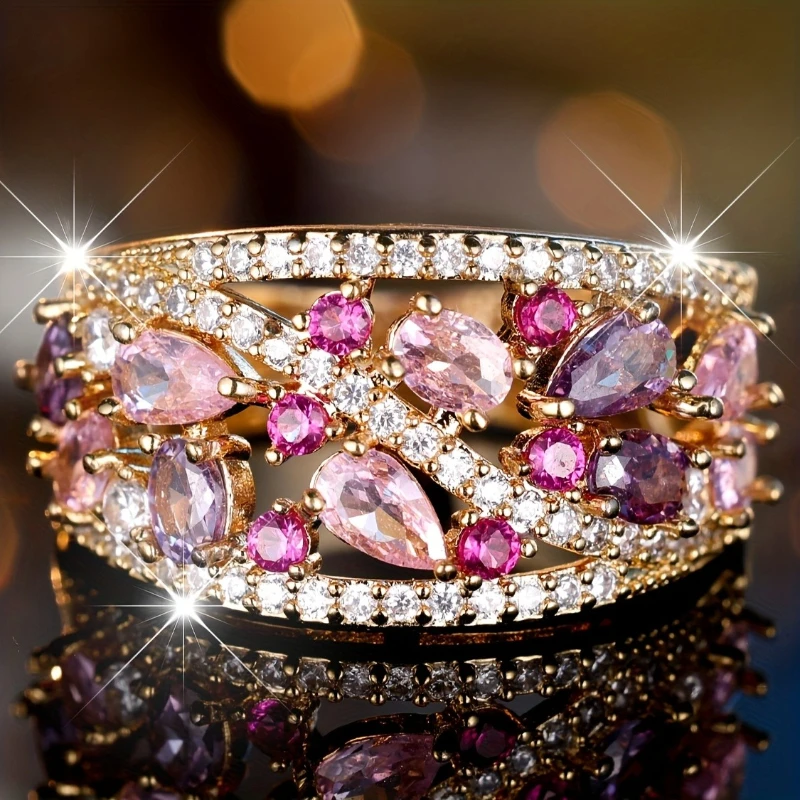 Pink Purple Crystal Water Drop Stone Engagement Rings for Women Vintage Gold Color Wedding Bands Birthstone Jewelry Party Gifts