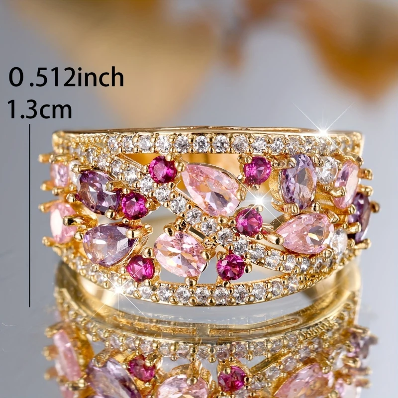 Pink Purple Crystal Water Drop Stone Engagement Rings for Women Vintage Gold Color Wedding Bands Birthstone Jewelry Party Gifts