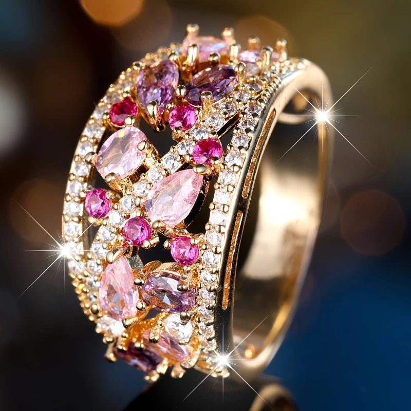 Pink Purple Crystal Water Drop Stone Engagement Rings for Women Vintage Gold Color Wedding Bands Birthstone Jewelry Party Gifts