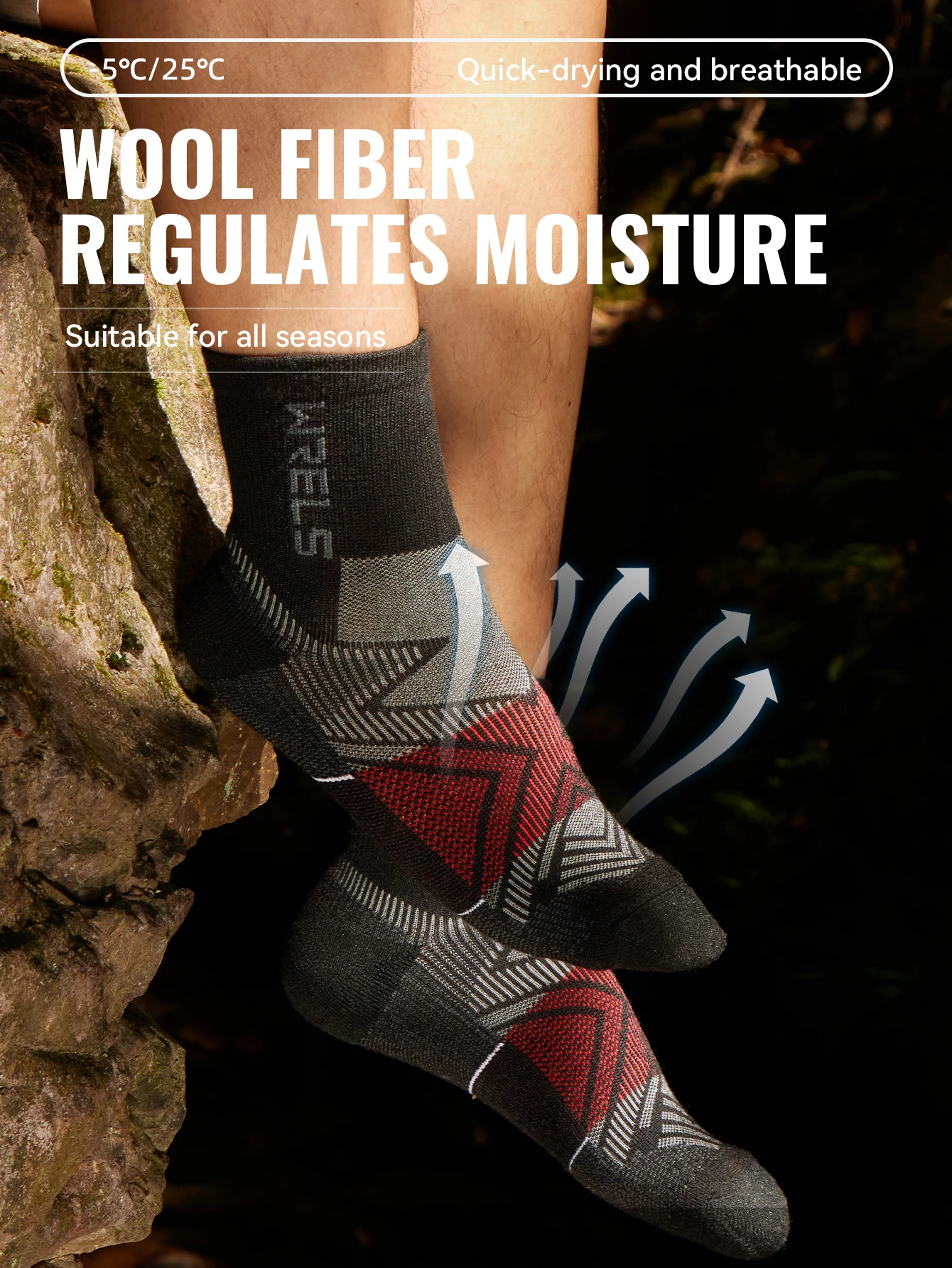 WRELS 1/2/3Pairs Merino Wool Socks Hiking Running Socks Breathable Cushion Sweat Wicking Warm Thermal Compression Wool Socks