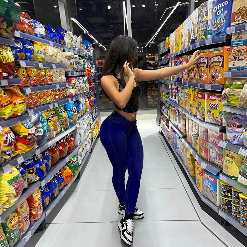 Stretch Skinny Denim Women's Jeans Mid Waist Pants Blue Retro Washed Elastic Slim Pencil Trousers